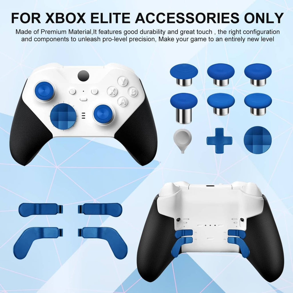 Xbox Elite controller bundle with blue thumbsticks, paddles, and replacement parts