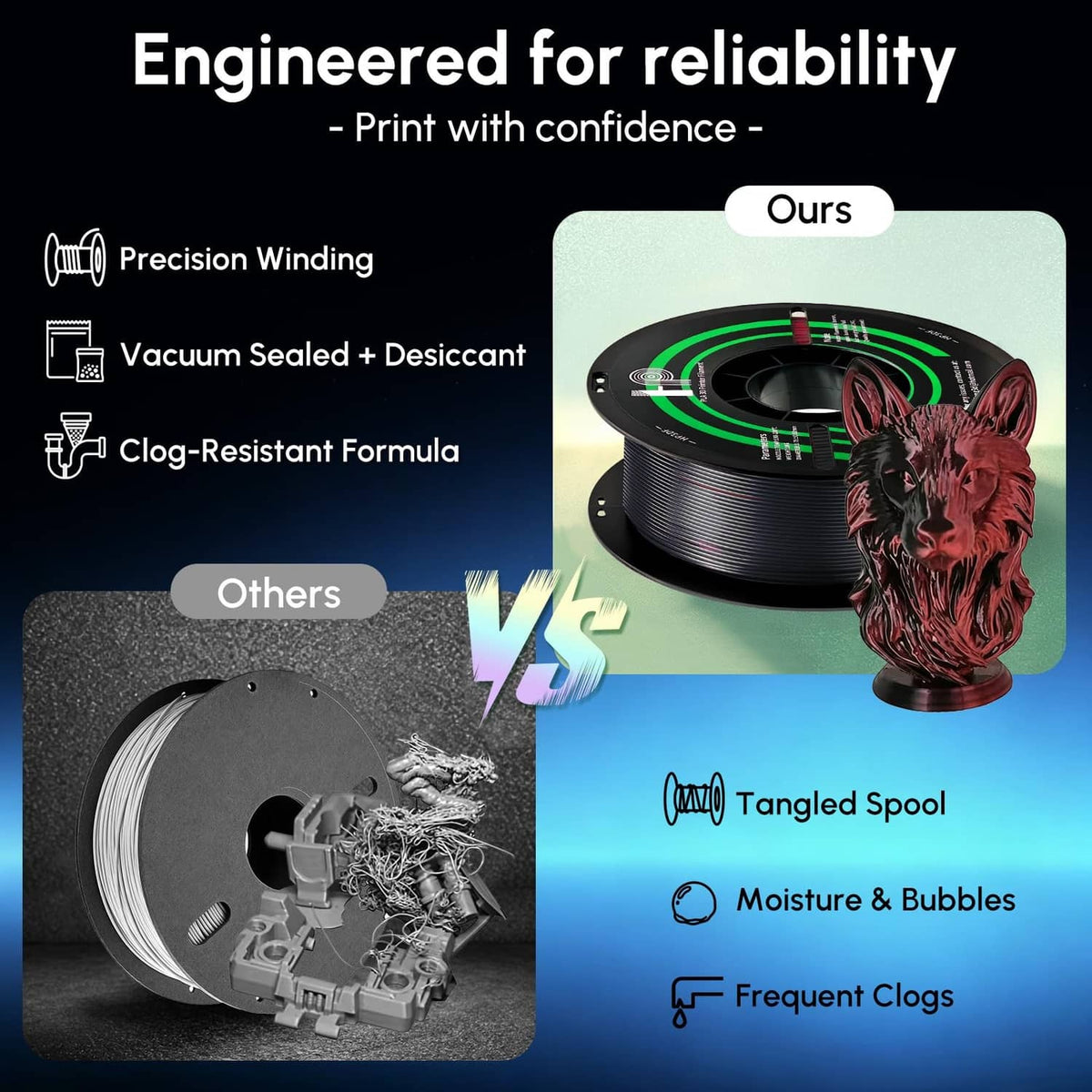 PLA filament spool comparison showing red filament on black reel