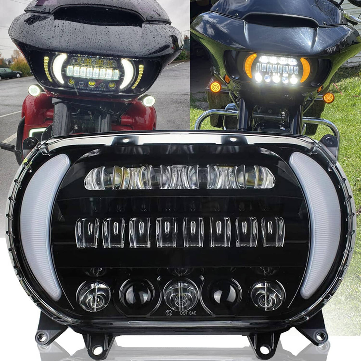 LED headlight with glowing DRL strip and turn signal lights on front of motorcycle