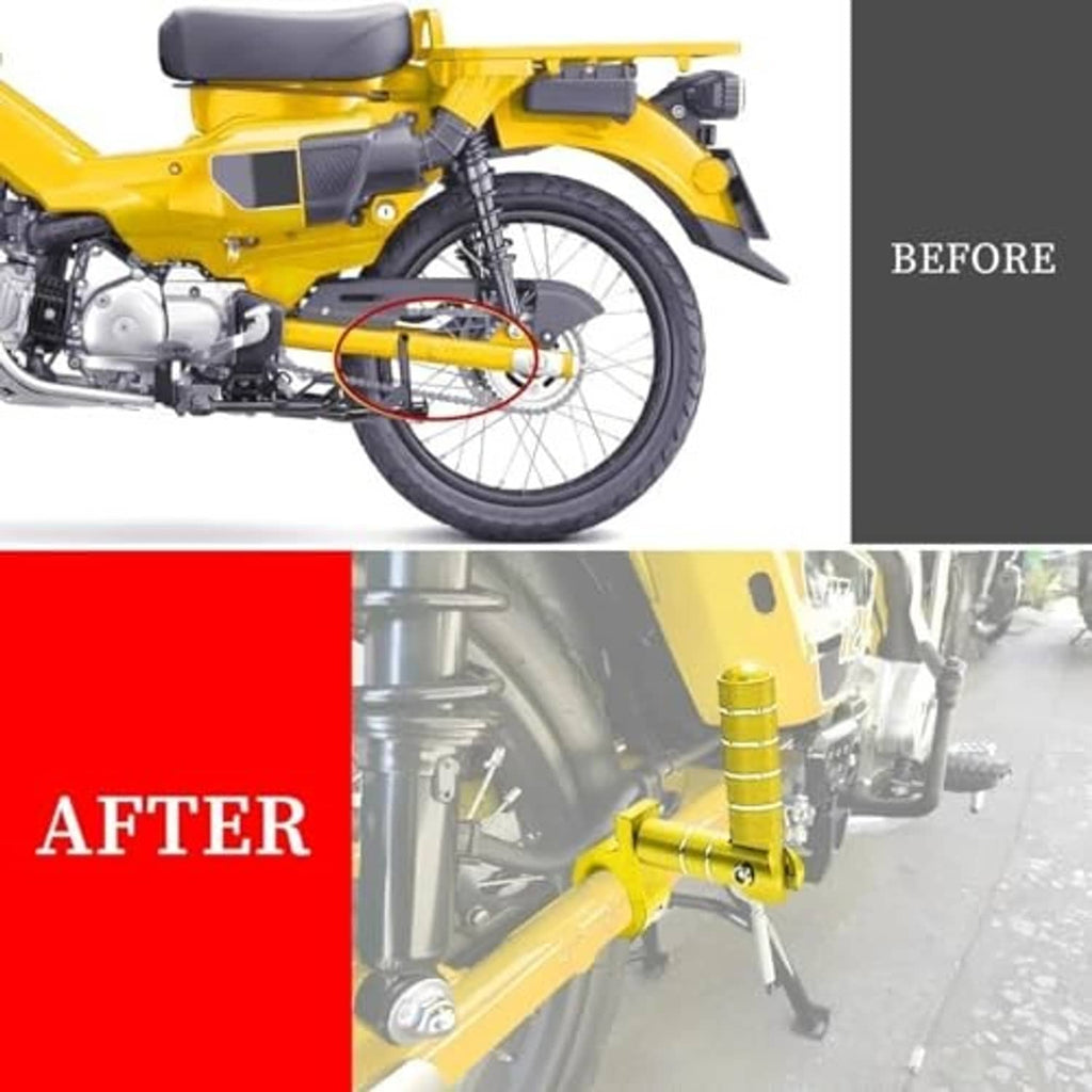 Gold rear passenger footrest pegs installed on a motorcycle