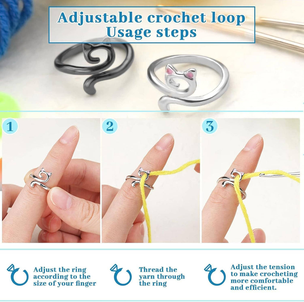 Cat-shaped adjustable crochet loops in hands demonstrating finger placement steps