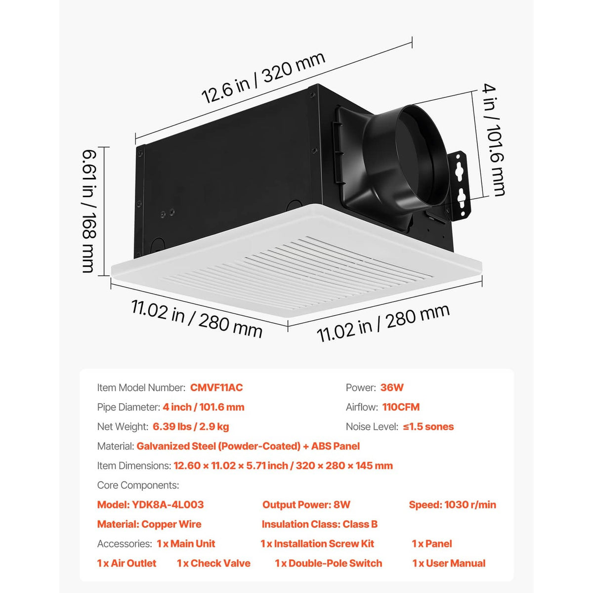 Bathroom ventilation fan with black duct outlet and square white grille, size diagram