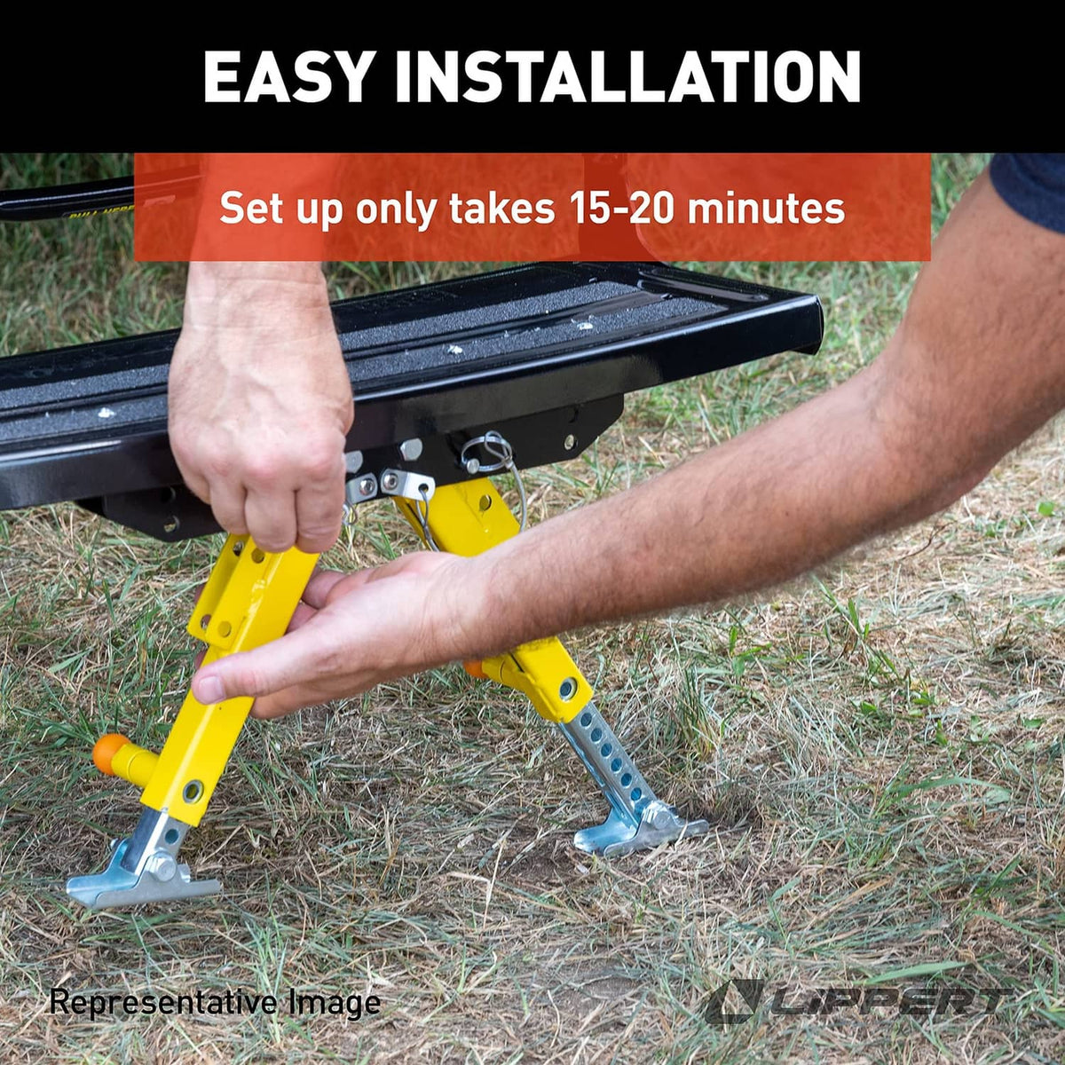 Hands installing RV step stabilizer legs under a black RV step