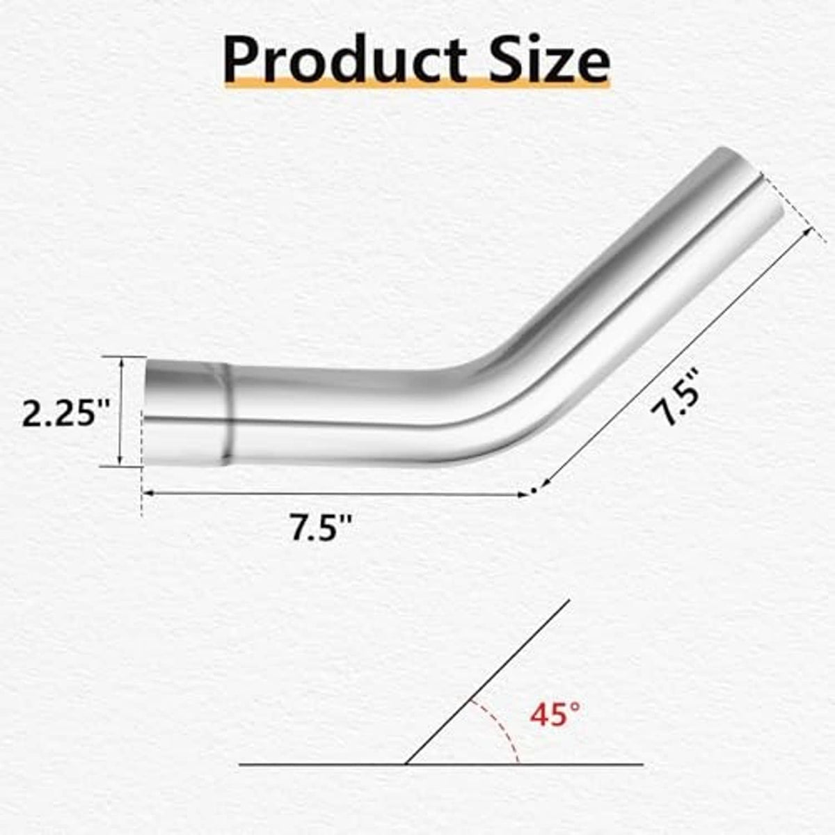 45-degree exhaust tube pair layout with 2.25 in diameter and 7.5 in length shown