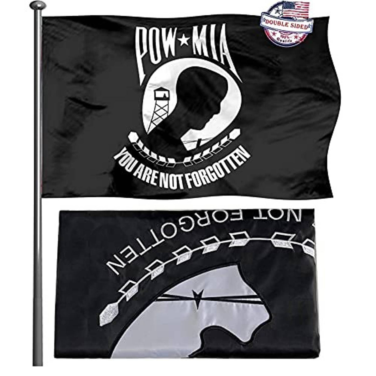 Black double-sided POW-MIA flag showing front logo and reverse layout with mirrored graphic.