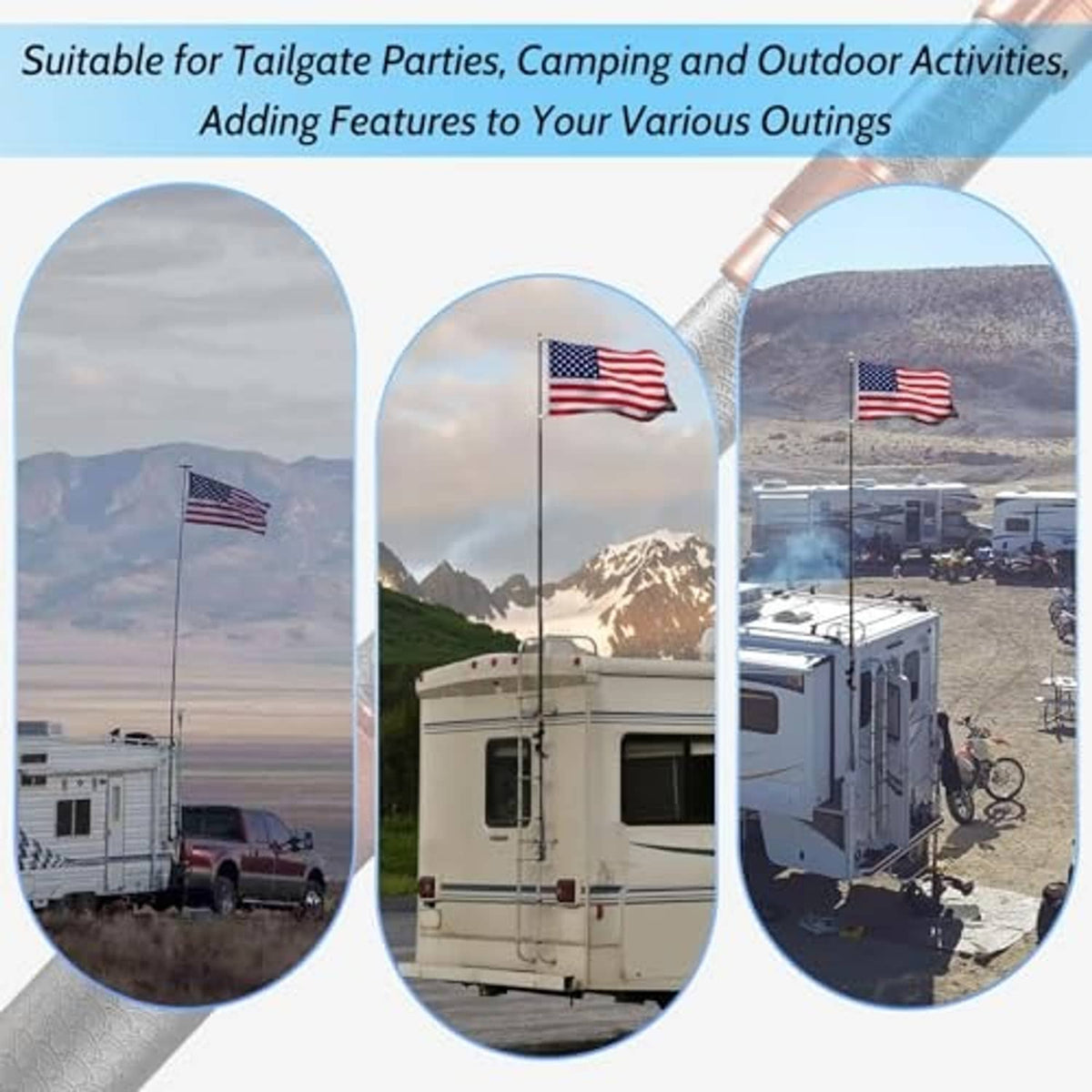 RV flag pole kit mounted on a travel trailer with a raised flag