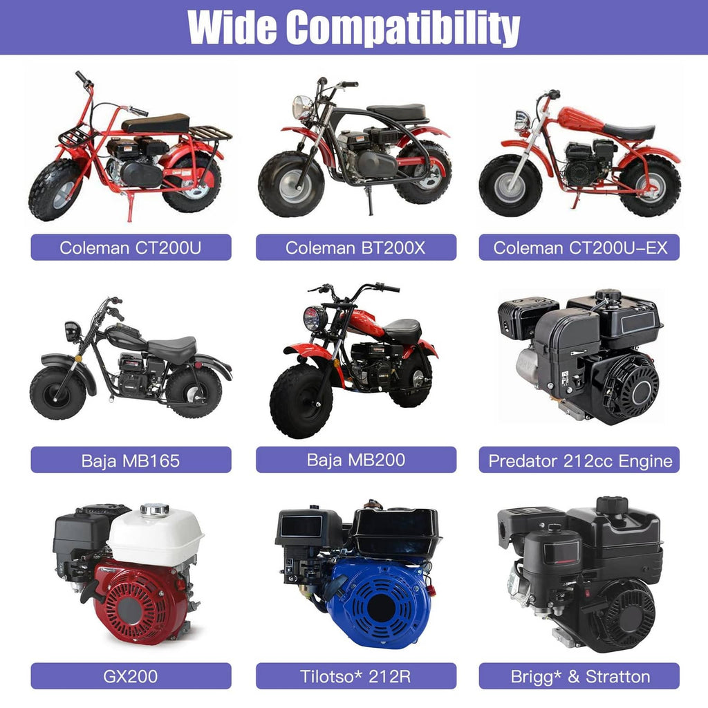 Silver mini bike chain guard cover displayed with multiple compatible engine and bike images
