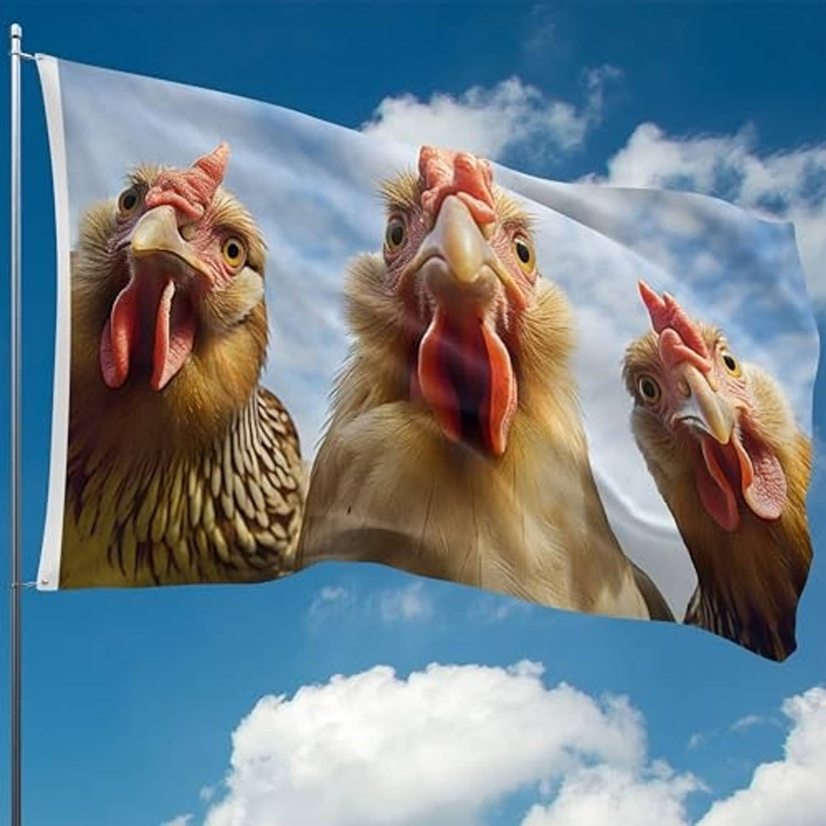 Outdoor chicken portrait flag on a pole with three cartoon chicken faces on blue sky