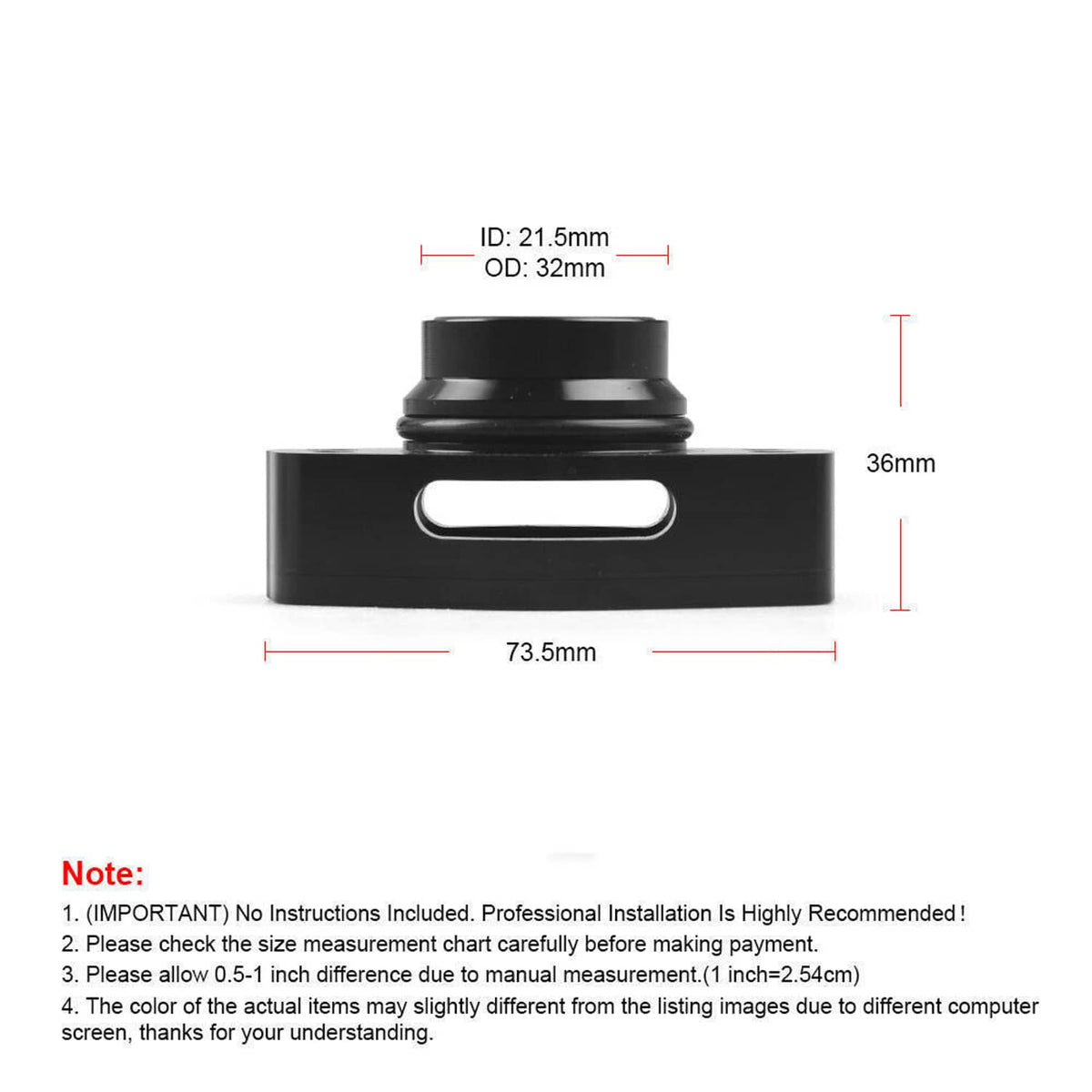 Black blow off valve adapter drawing with inner bore and mounting plate dimensions