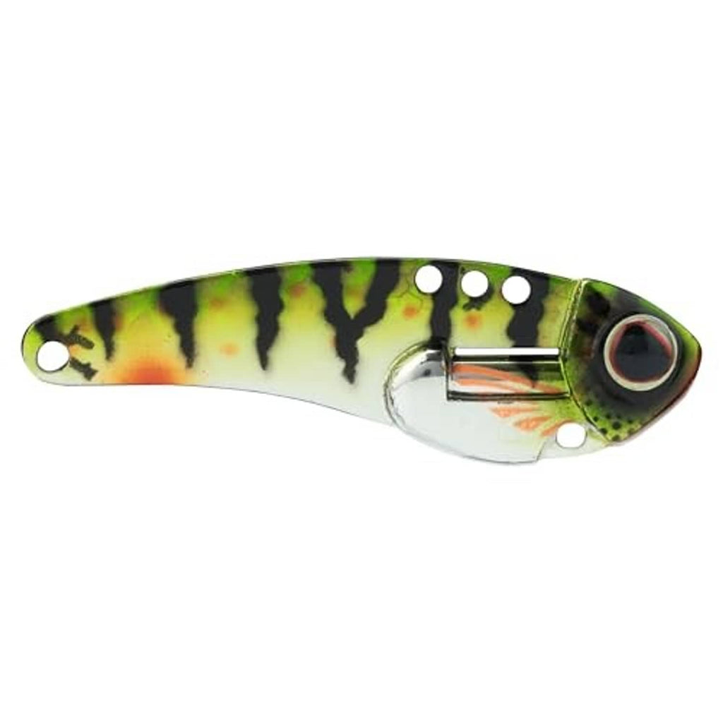 Chrome perch blade bait fishing lure with gill-style face and two treble hooks