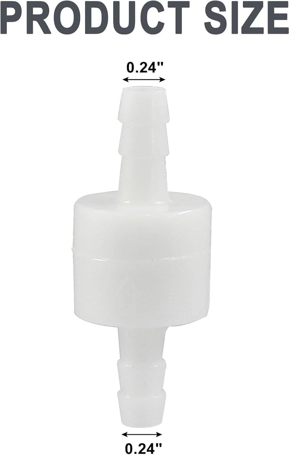 White inline one-way check valve with 0.24 in product size dimensions