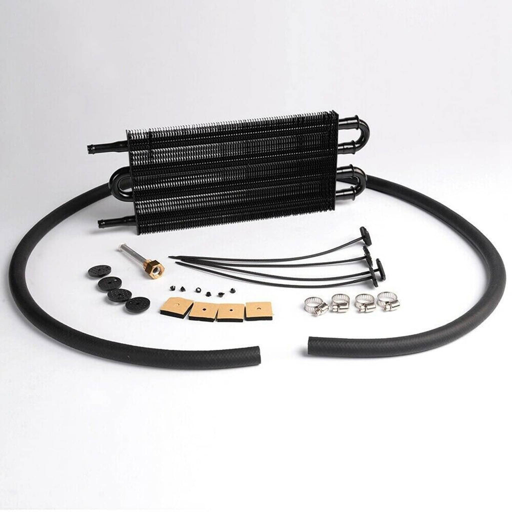 Transmission oil cooler and black hose with clamps, washers, and mounting plates
