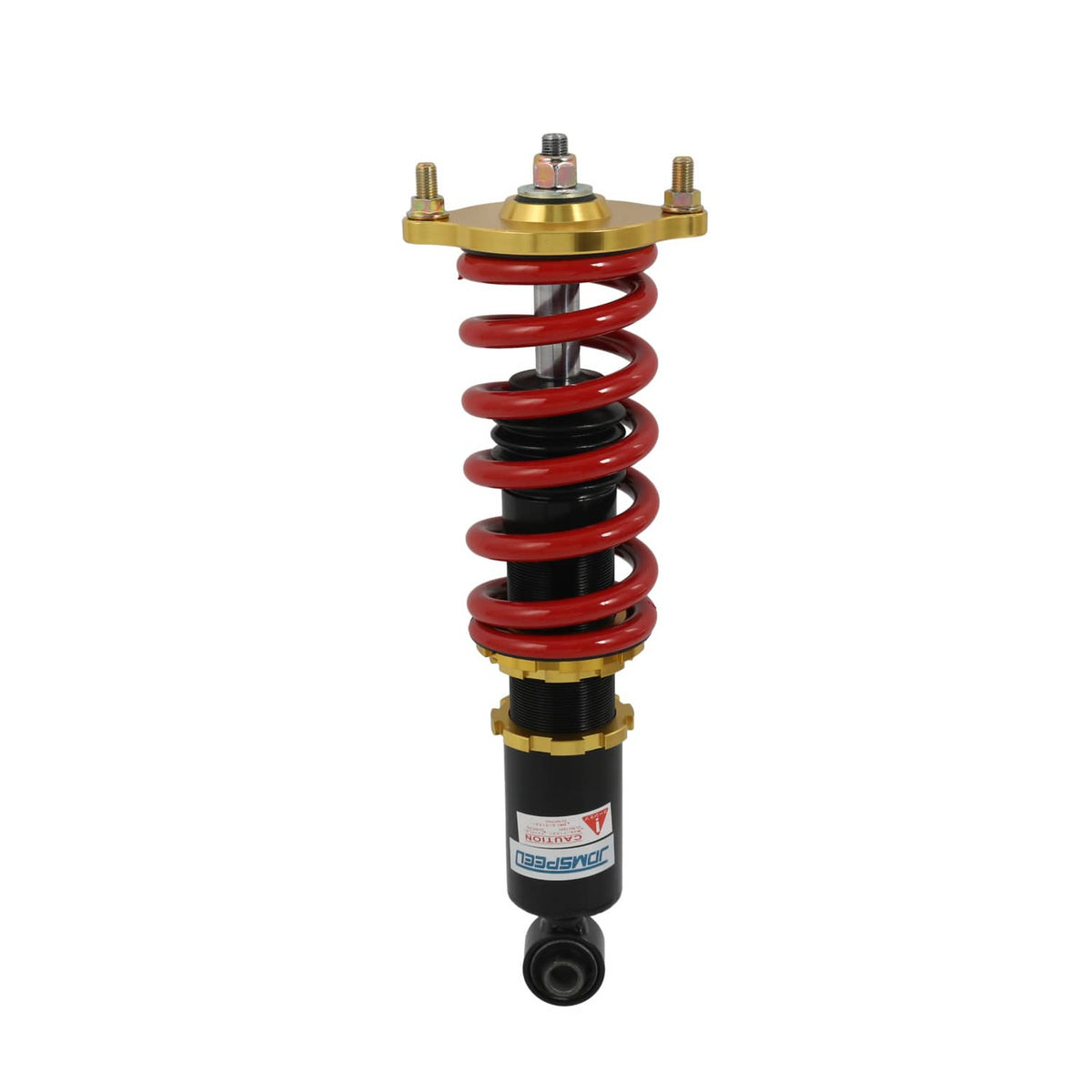 Single coilover strut with red spring, black damper, and gold top mount plate