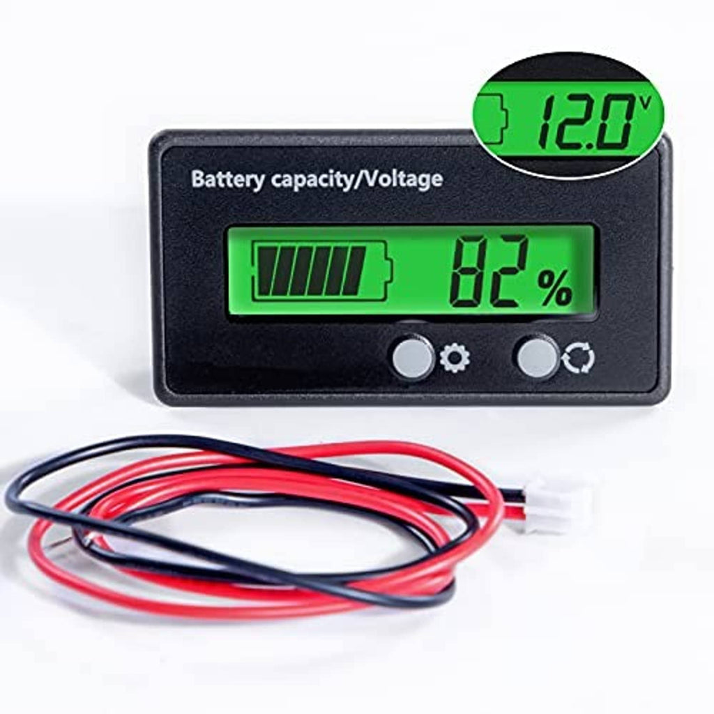 Battery capacity/voltage meter with green LCD showing 82% and 12.0V, with wire leads