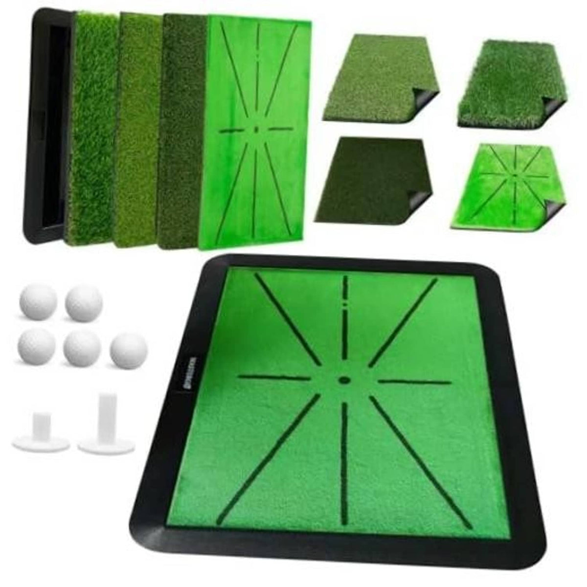 Portable golf practice turf mat set with swing tracking grid on green hitting area