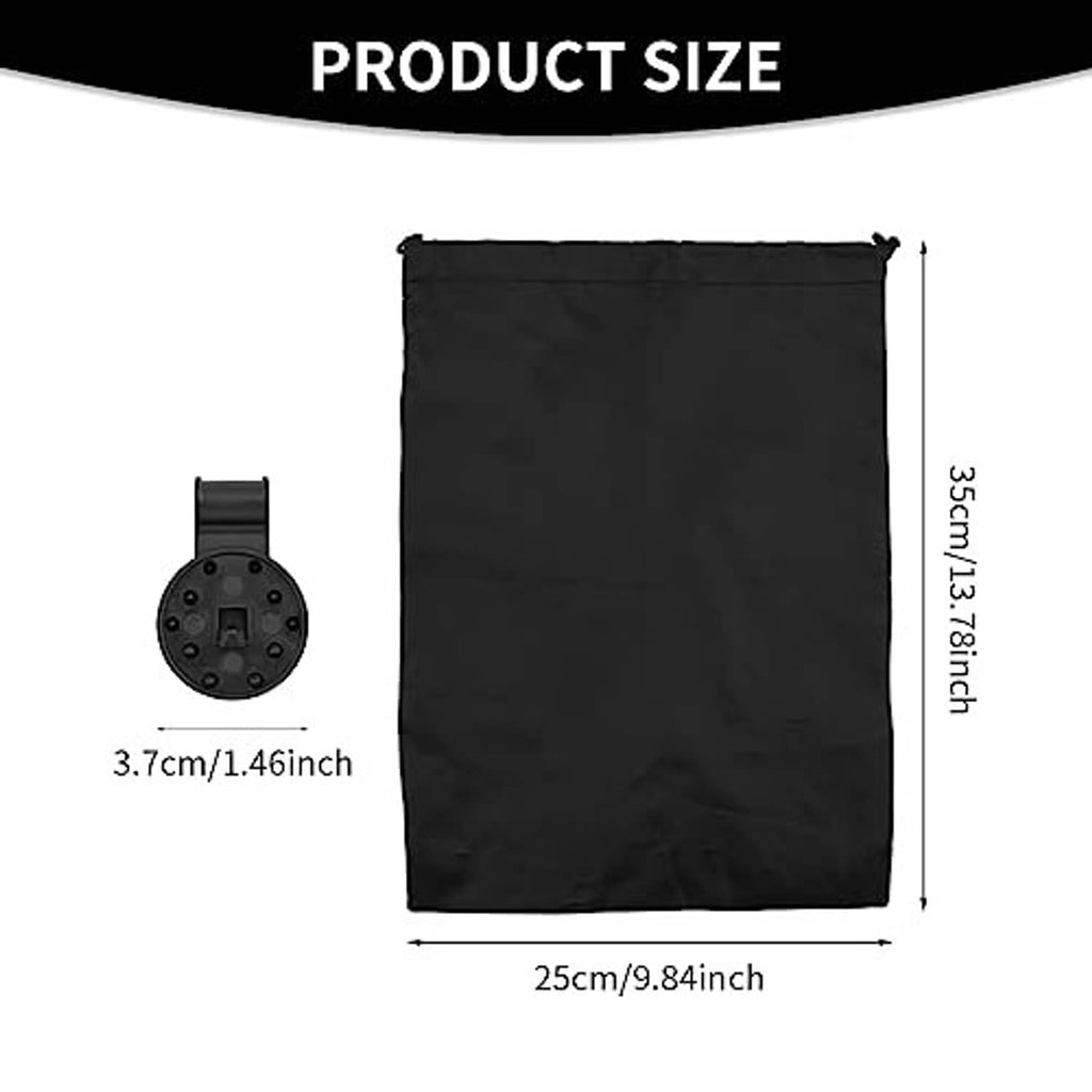 Black shade cloth clip and black drawstring pouch with size details