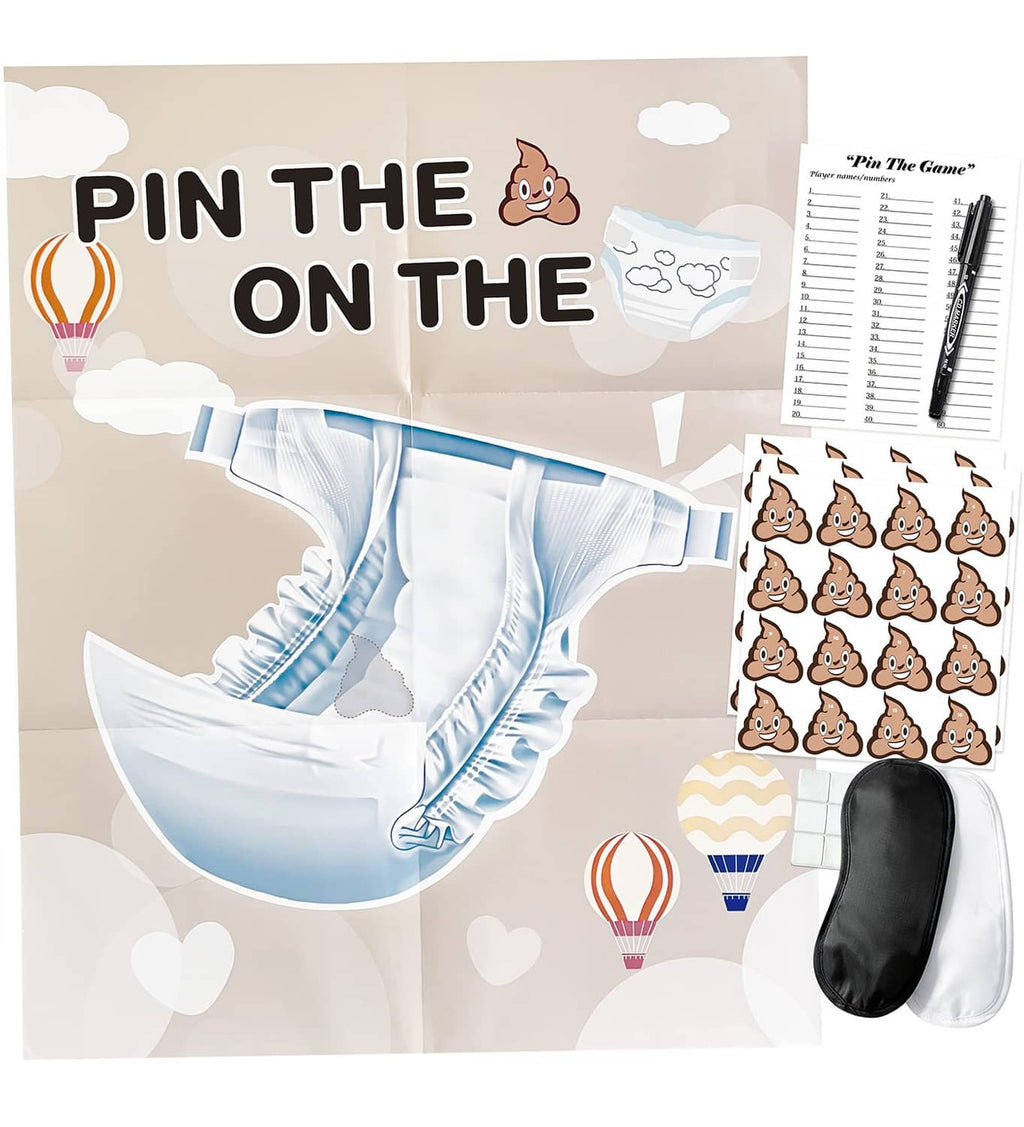 Pin the Sticker on the Diaper game poster with diaper artwork and playing score sheet