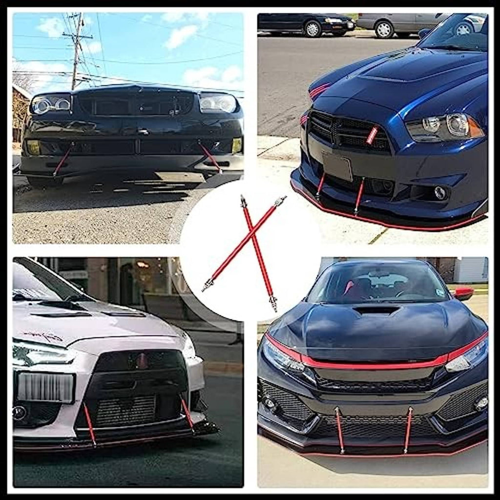 Front bumper lip splitter with red strut rods installed, showing multiple mounting points