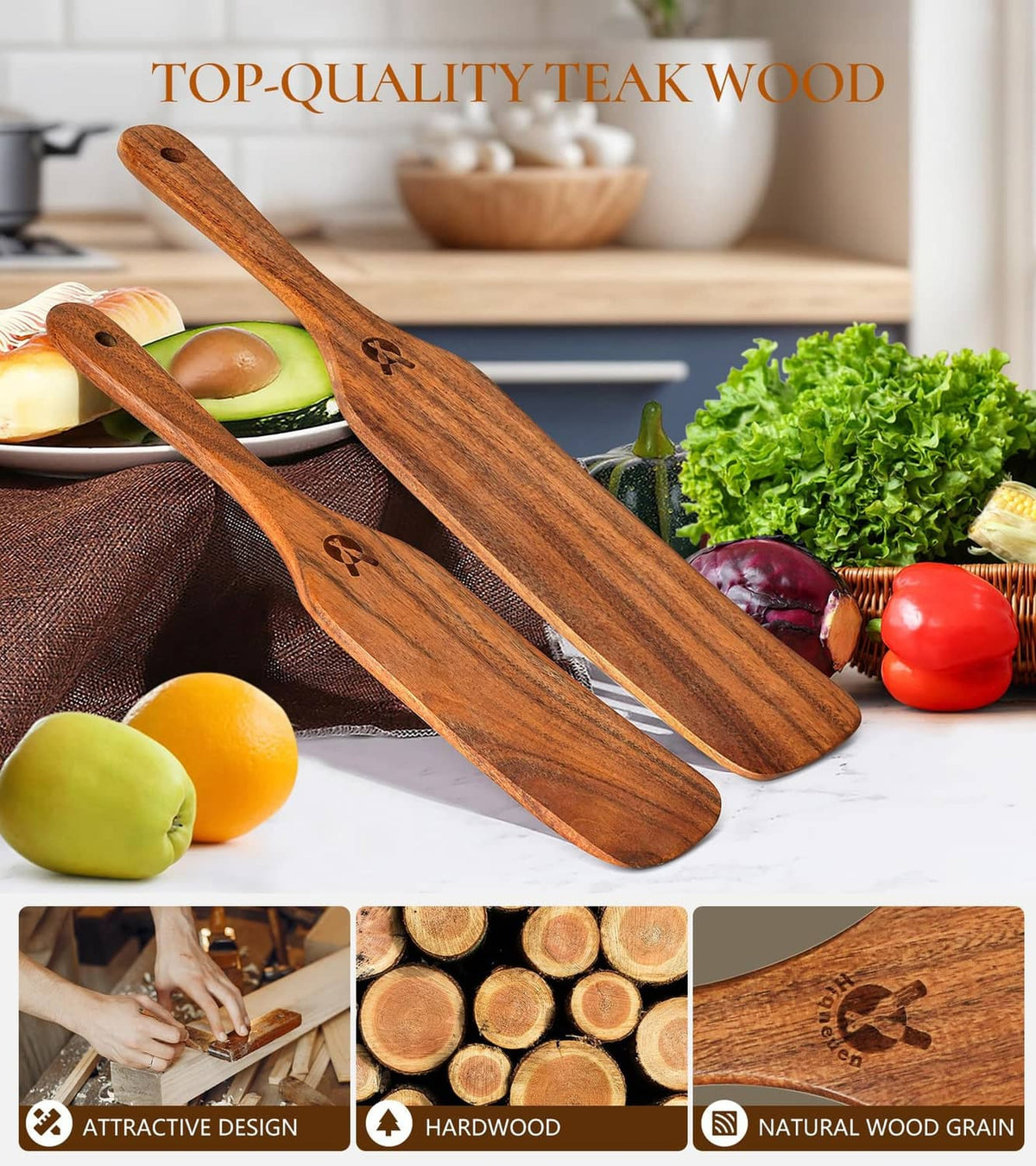 Two natural wooden spurtle spatulas with oval handles and carved end motifs