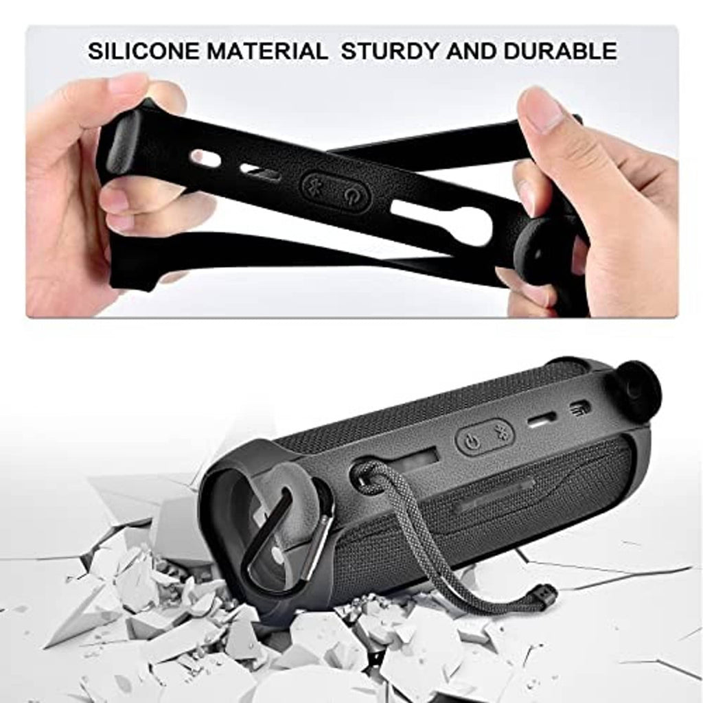Silicone speaker case showing side cutouts and lanyard strap, dark gray mesh.