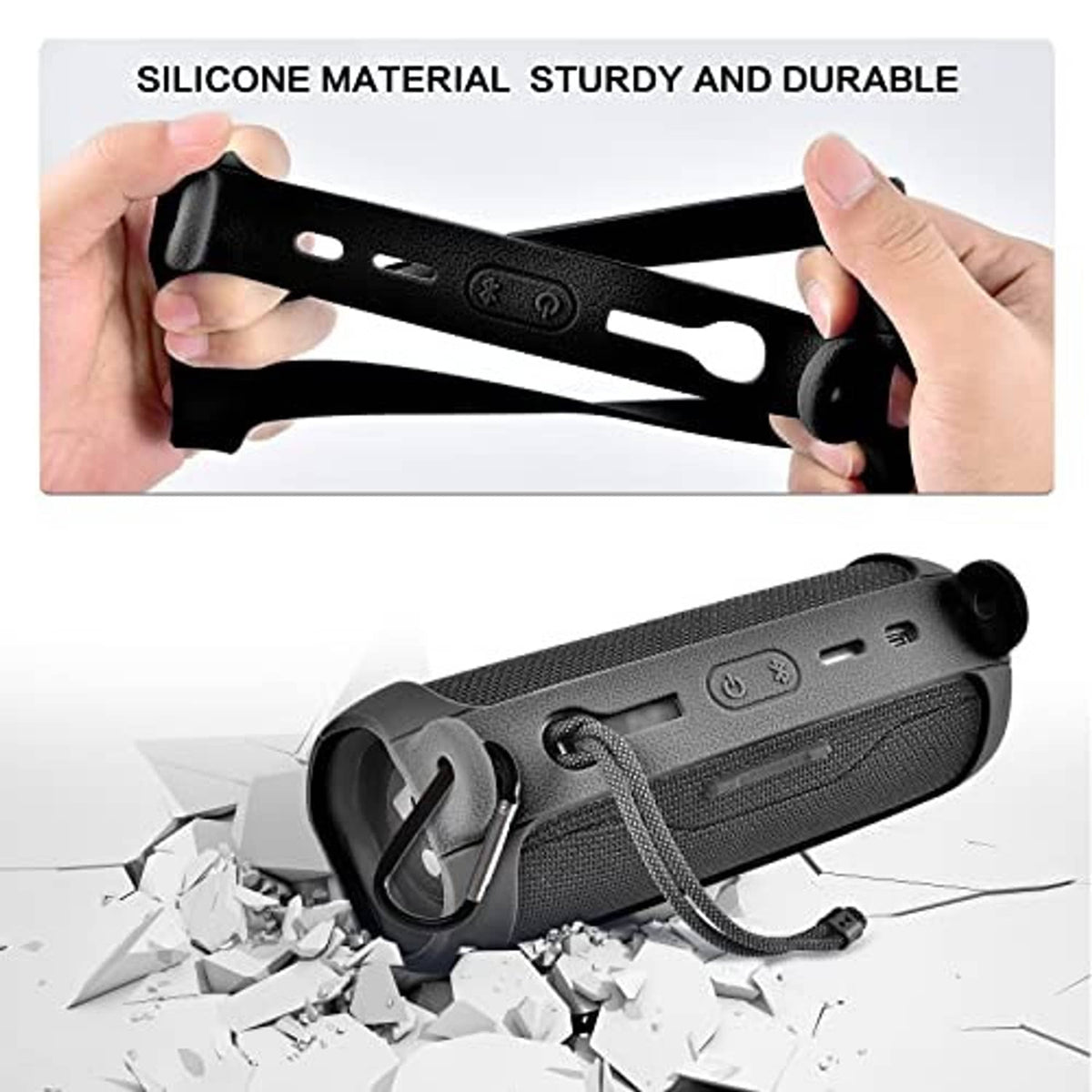 Silicone speaker case showing side cutouts and lanyard strap, dark gray mesh.