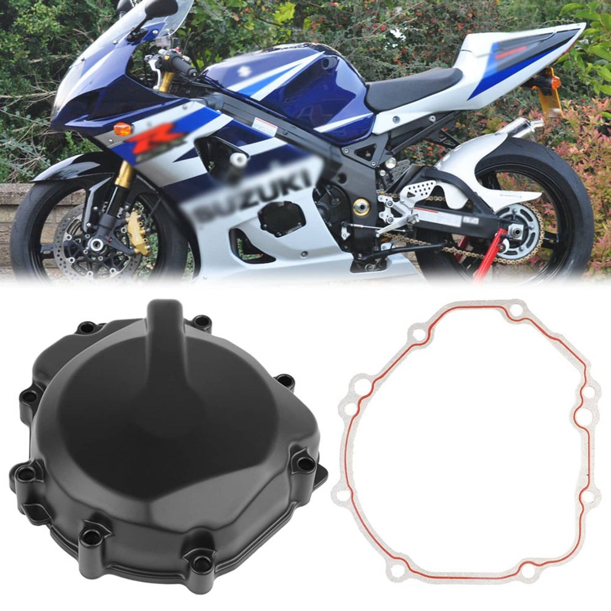 Left engine stator cover with gasket, black crankcase cover with bolt holes and seal