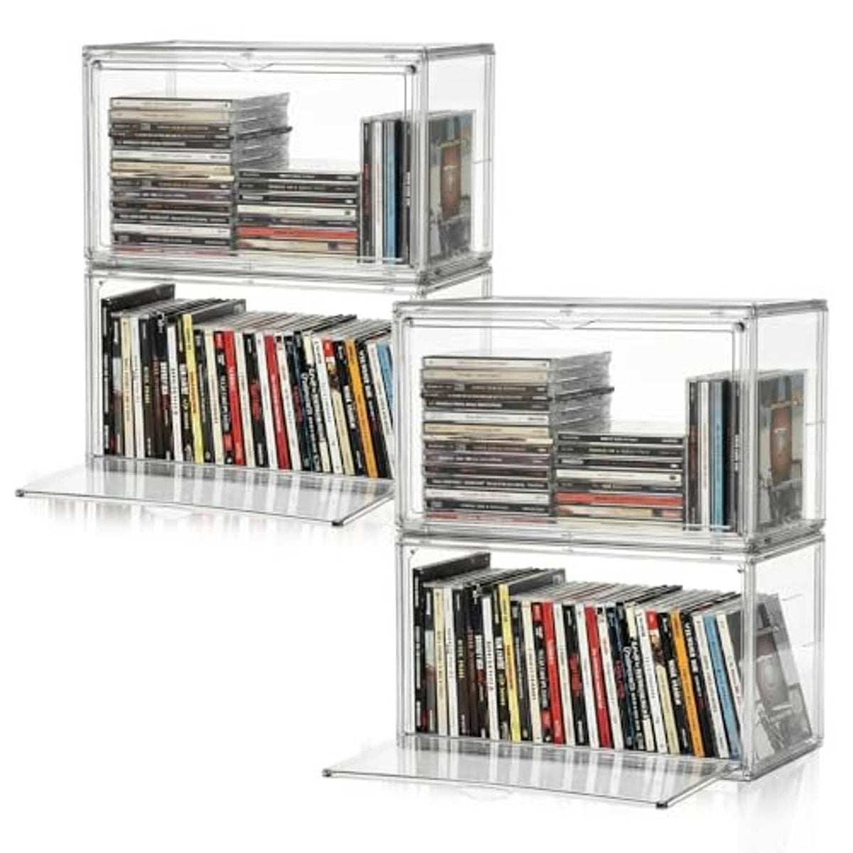 Stackable clear acrylic DVD/CD storage boxes with open fronts and stored discs