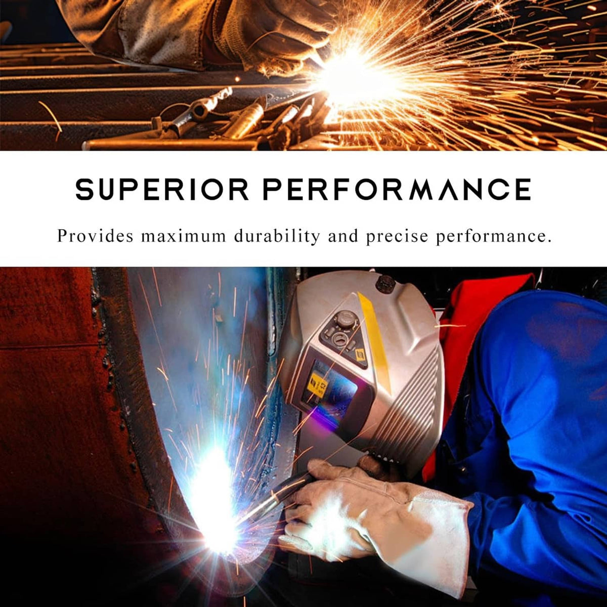 Flux core gasless nozzle tips in a welding scene with bright sparks