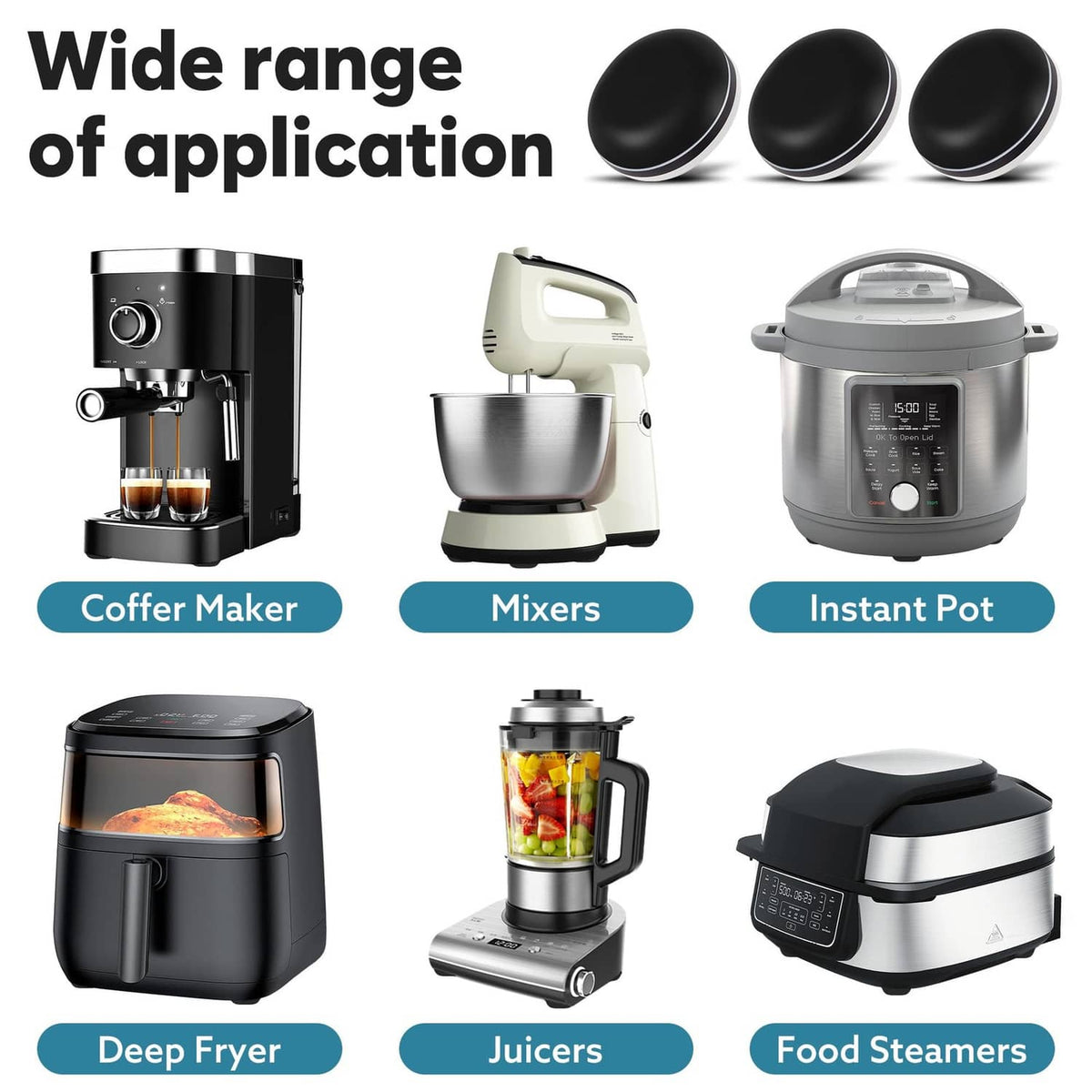 Black round appliance slider pads for multiple kitchen appliances, 3-pad starter set