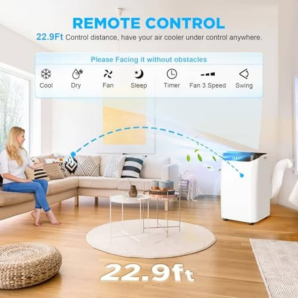 White portable air conditioner with handheld remote control