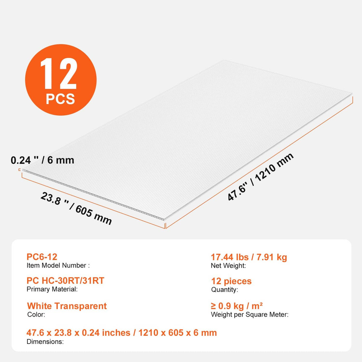 Clear polycarbonate greenhouse panel sheet with thickness and dimensions, 12-piece pack