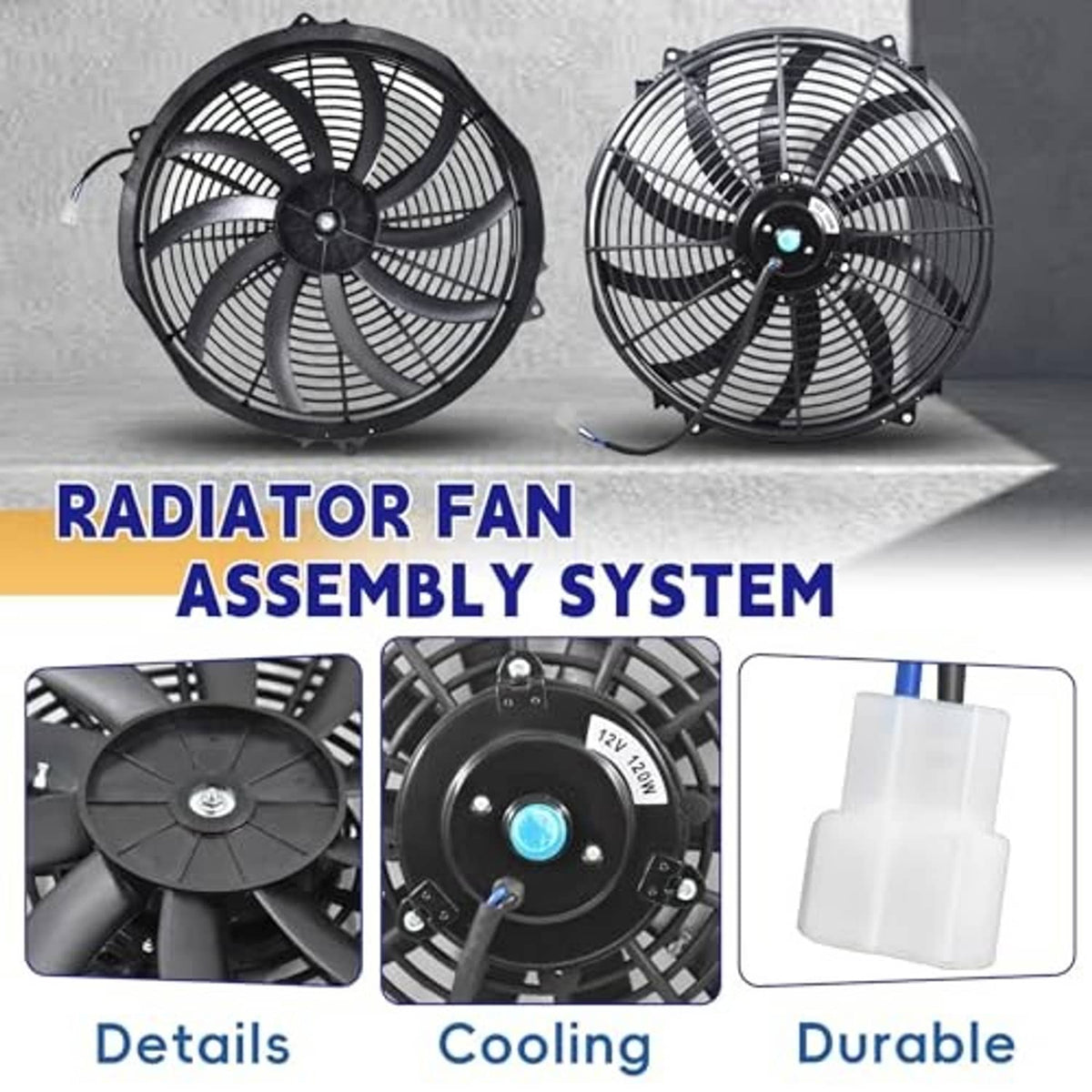 Radiator fan assembly system with dual fan views and durable white relay connector