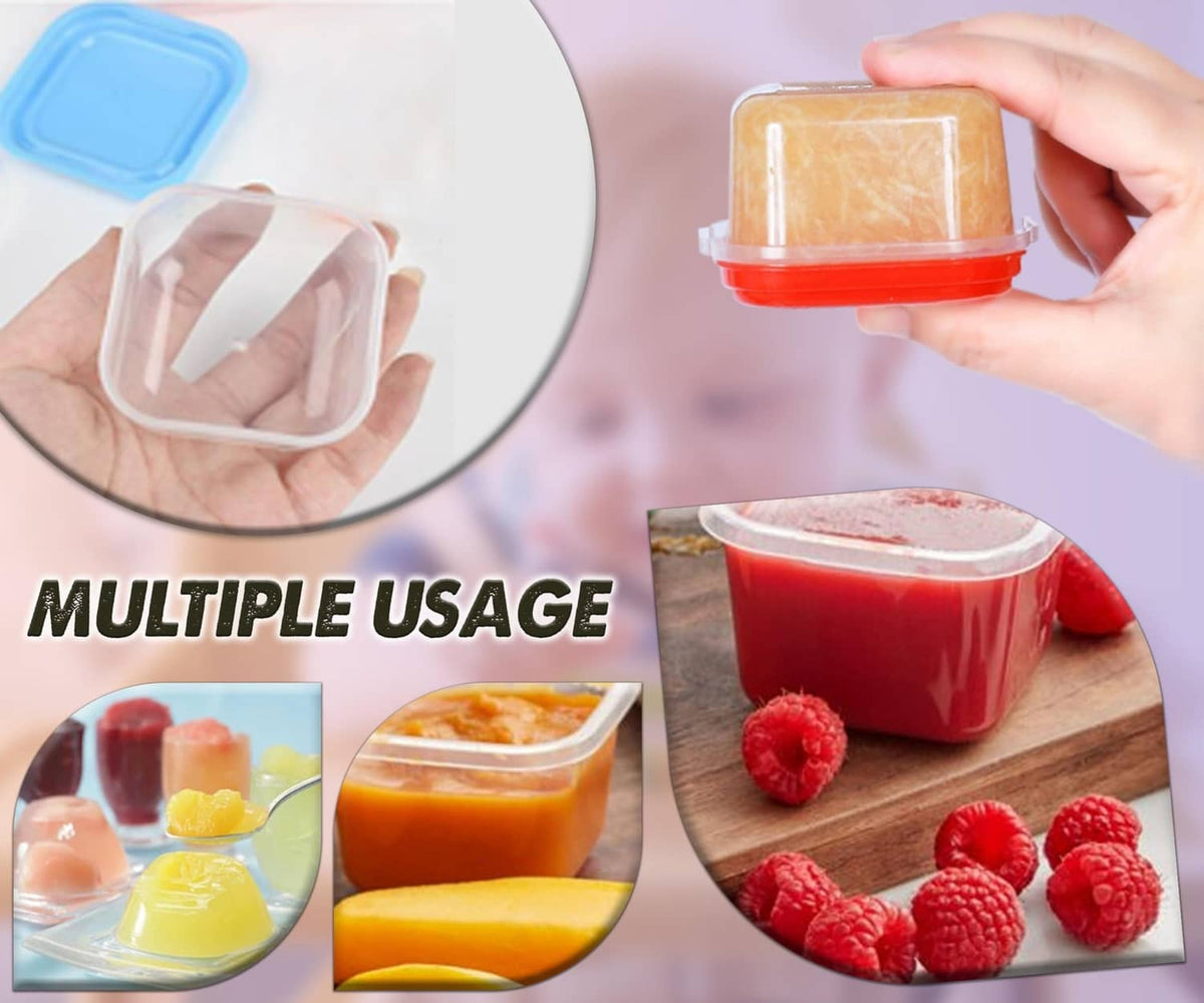 Transparent baby food containers with red lids, filled with puree