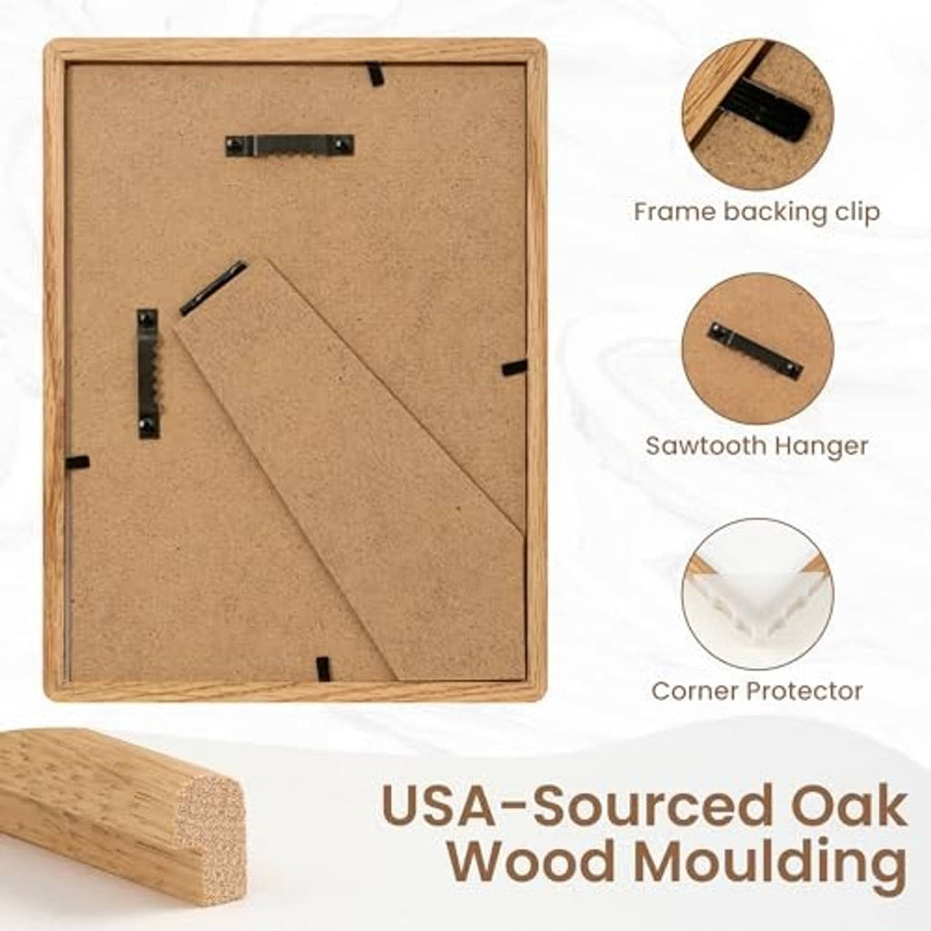 Back view of natural oak 5x7 picture frame with clips and corner protector