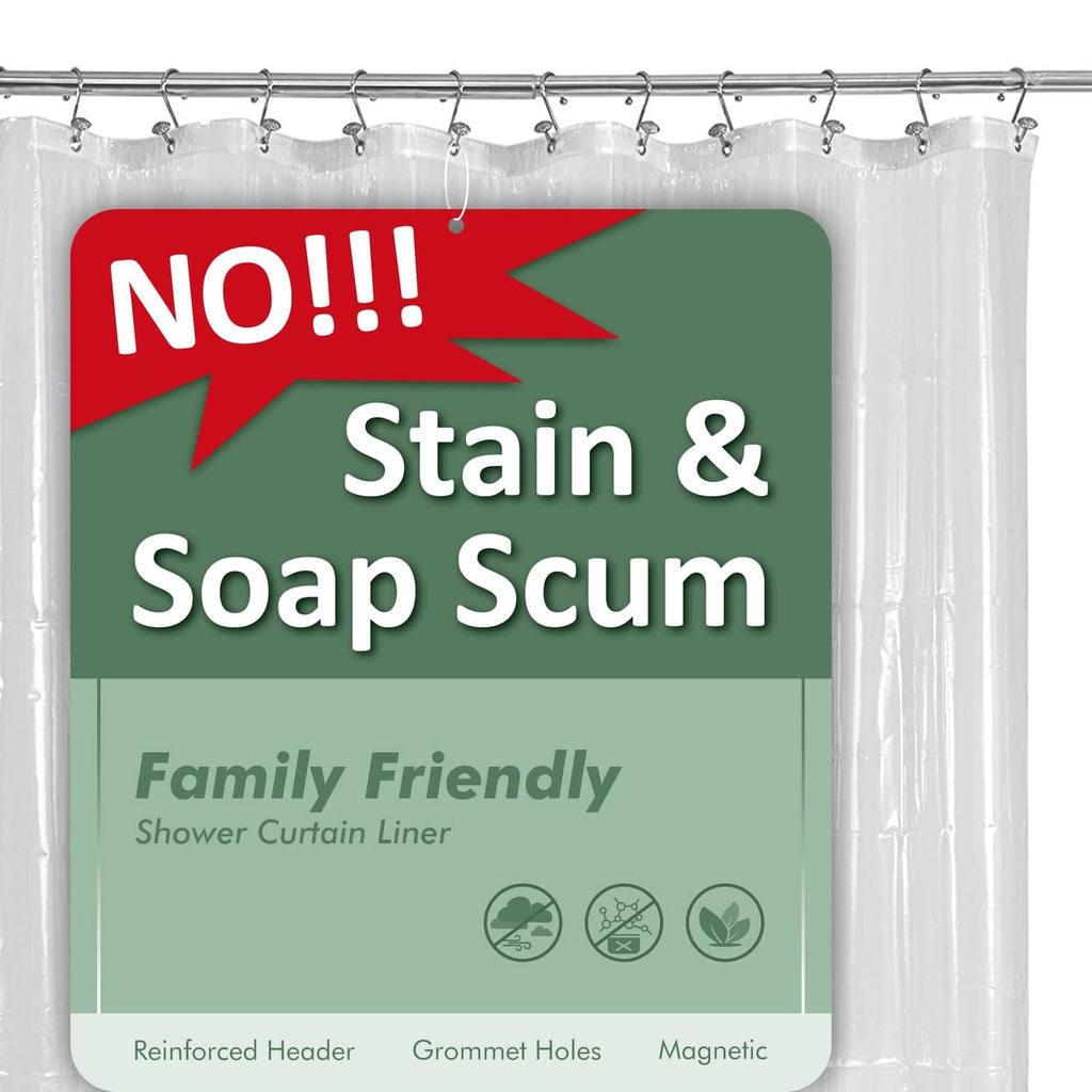 Clear shower curtain liner with reinforced header, grommet holes, and magnets.