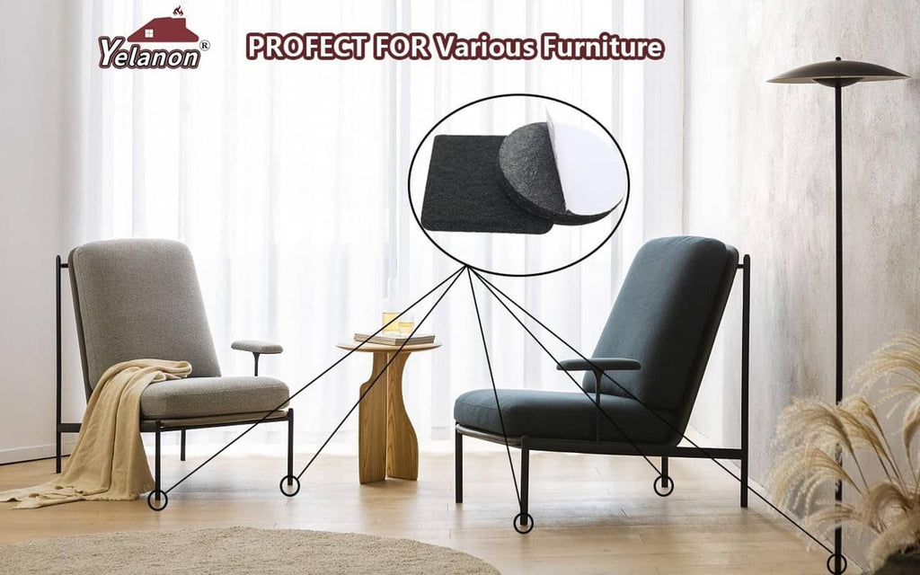 Black felt pads under furniture legs on hardwood floors for floor protection