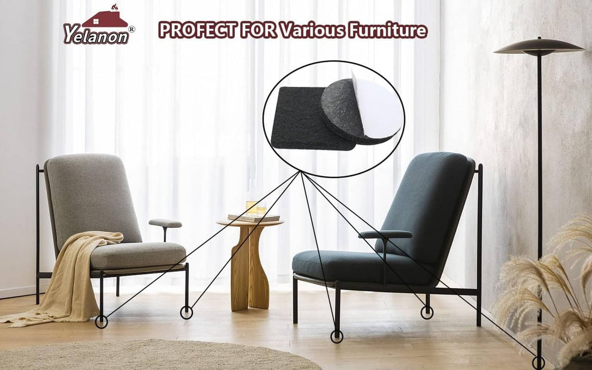 Black felt pads under furniture legs on hardwood floors for floor protection