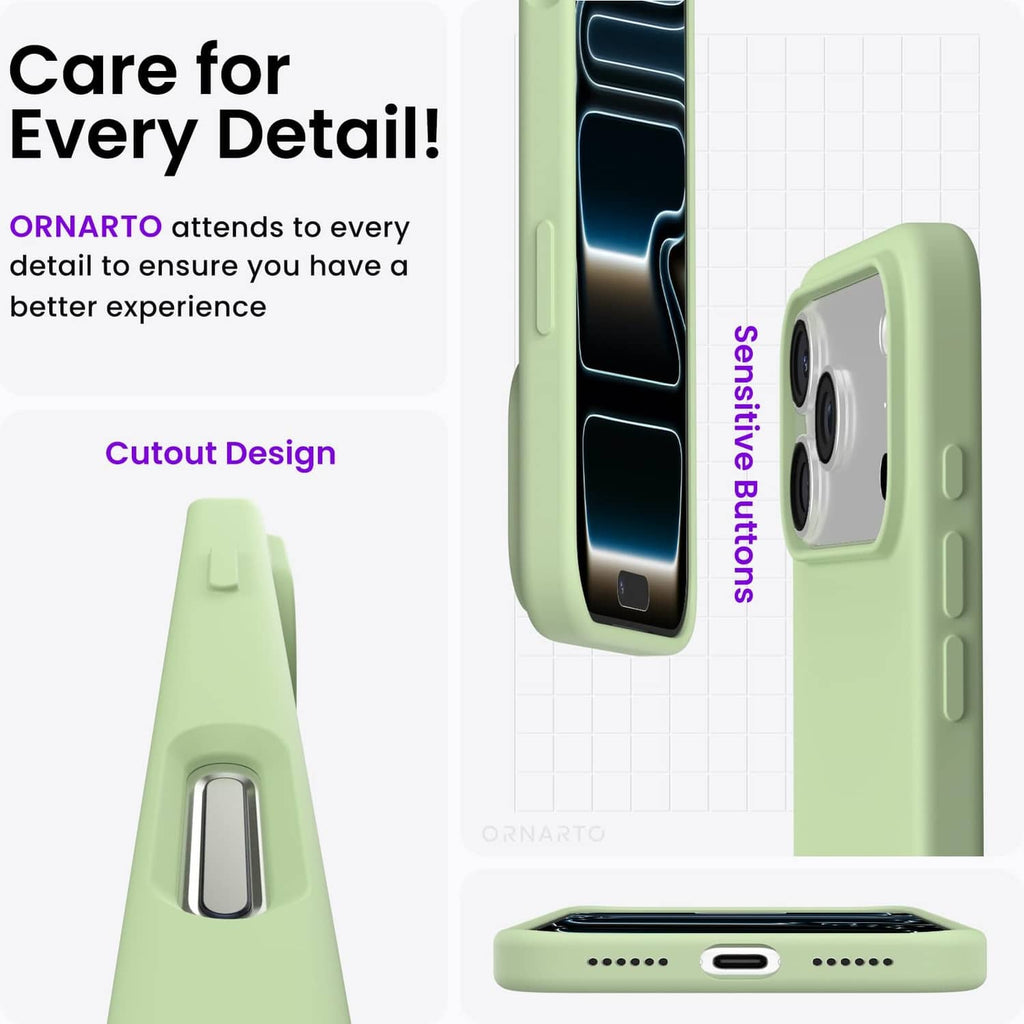 Slim matcha green phone case with cutout design for ports, speaker, and buttons