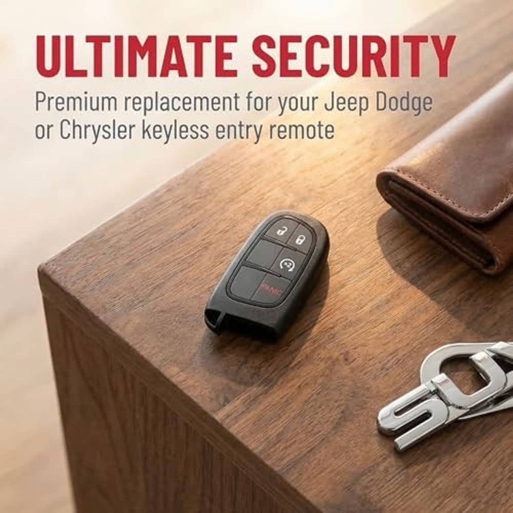 Black key fob remote with lock, unlock, x2, and red PANIC buttons