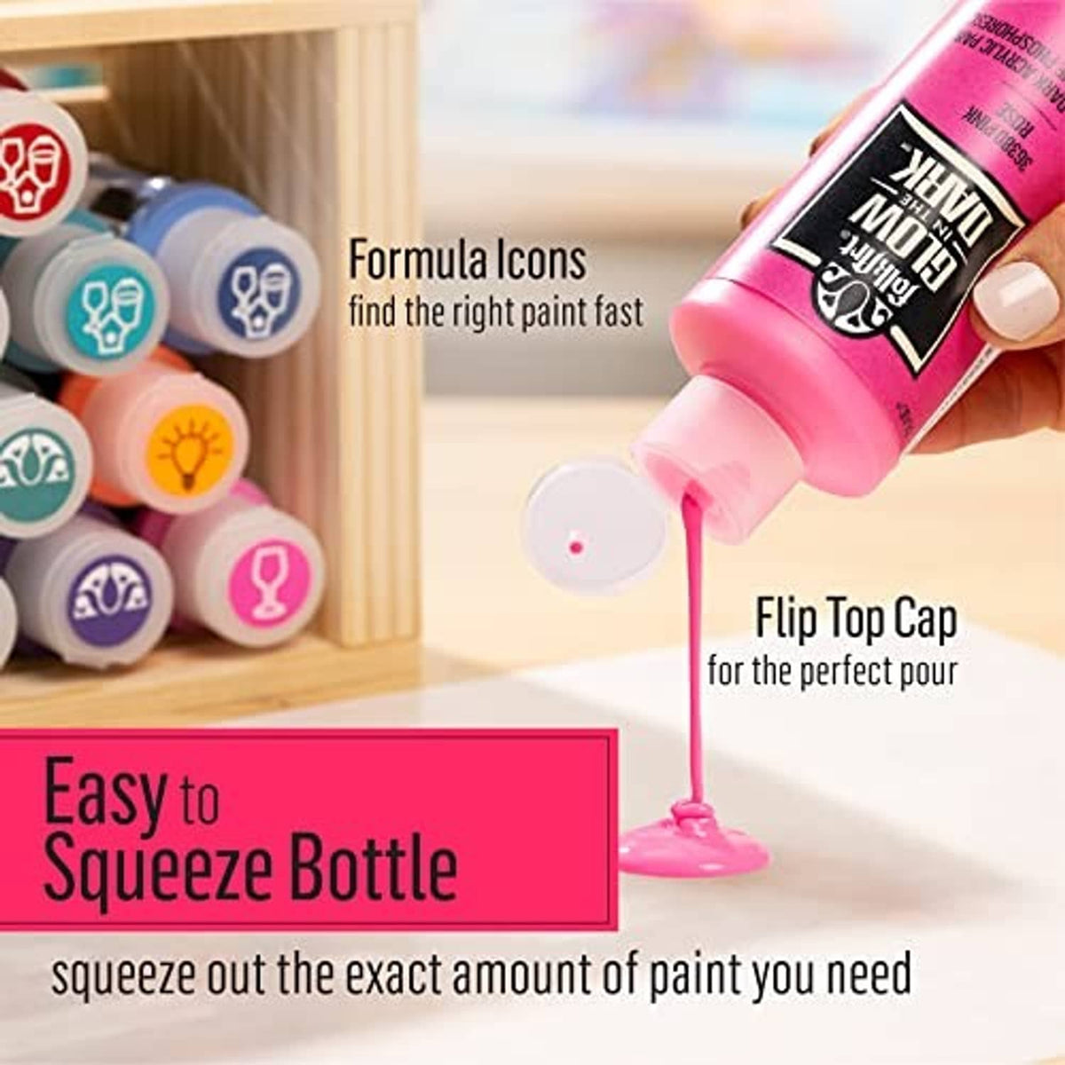 Glow paint bottle with flip-top cap dispensing paint drop