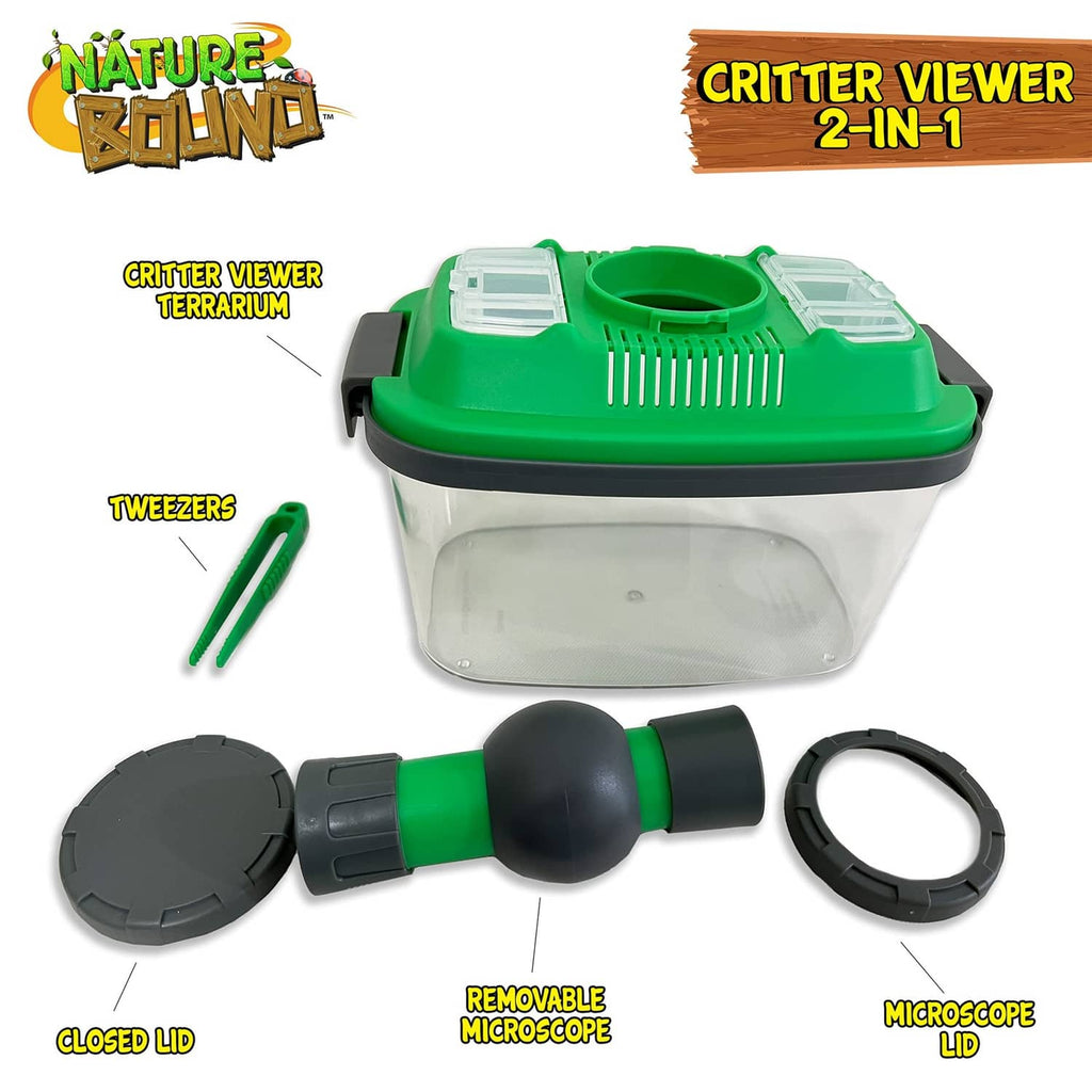 Green critter viewer habitat with removable microscope lid, tweezers, and closed base lid