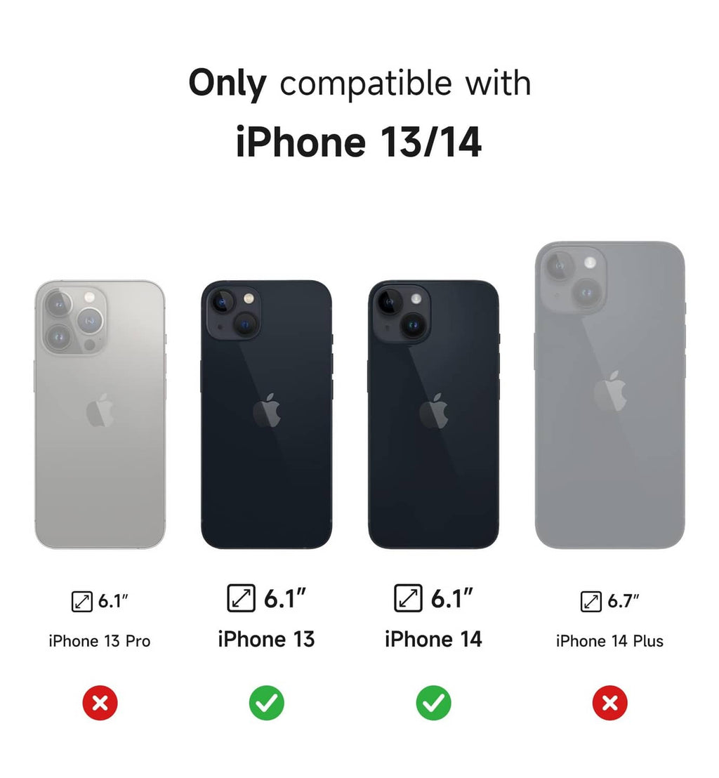 iPhone 13/14 case compatibility chart with size options