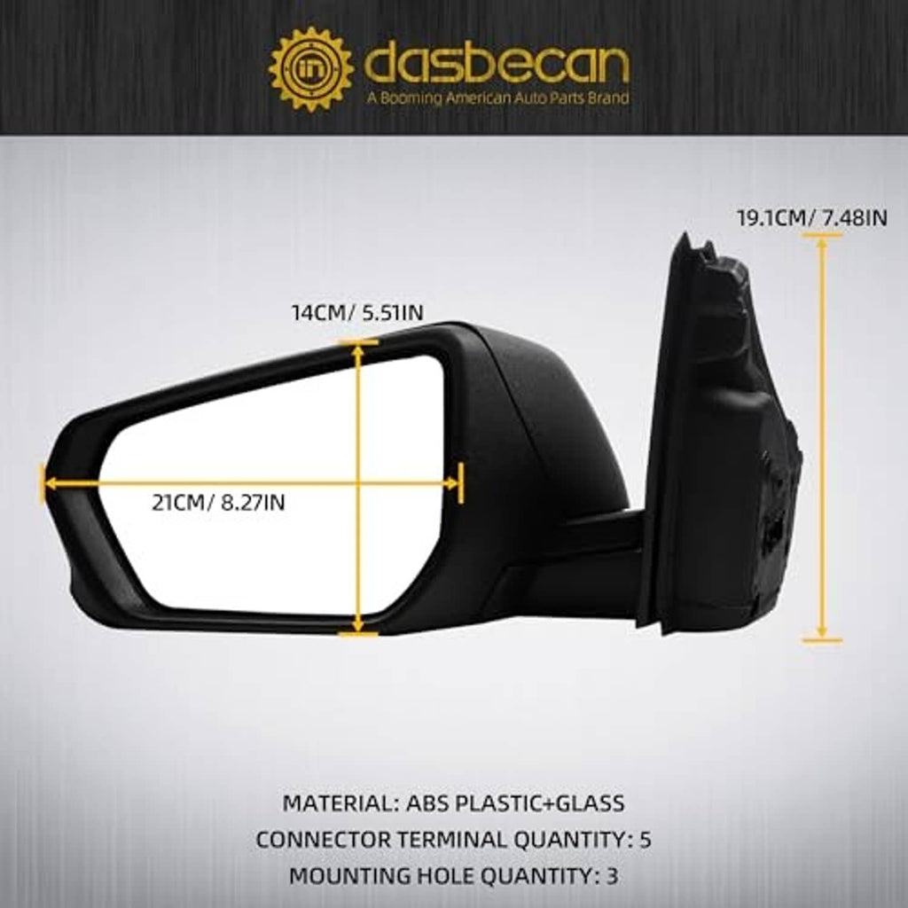 ABS plastic and glass driver side mirror, black textured housing, 5-pin connection