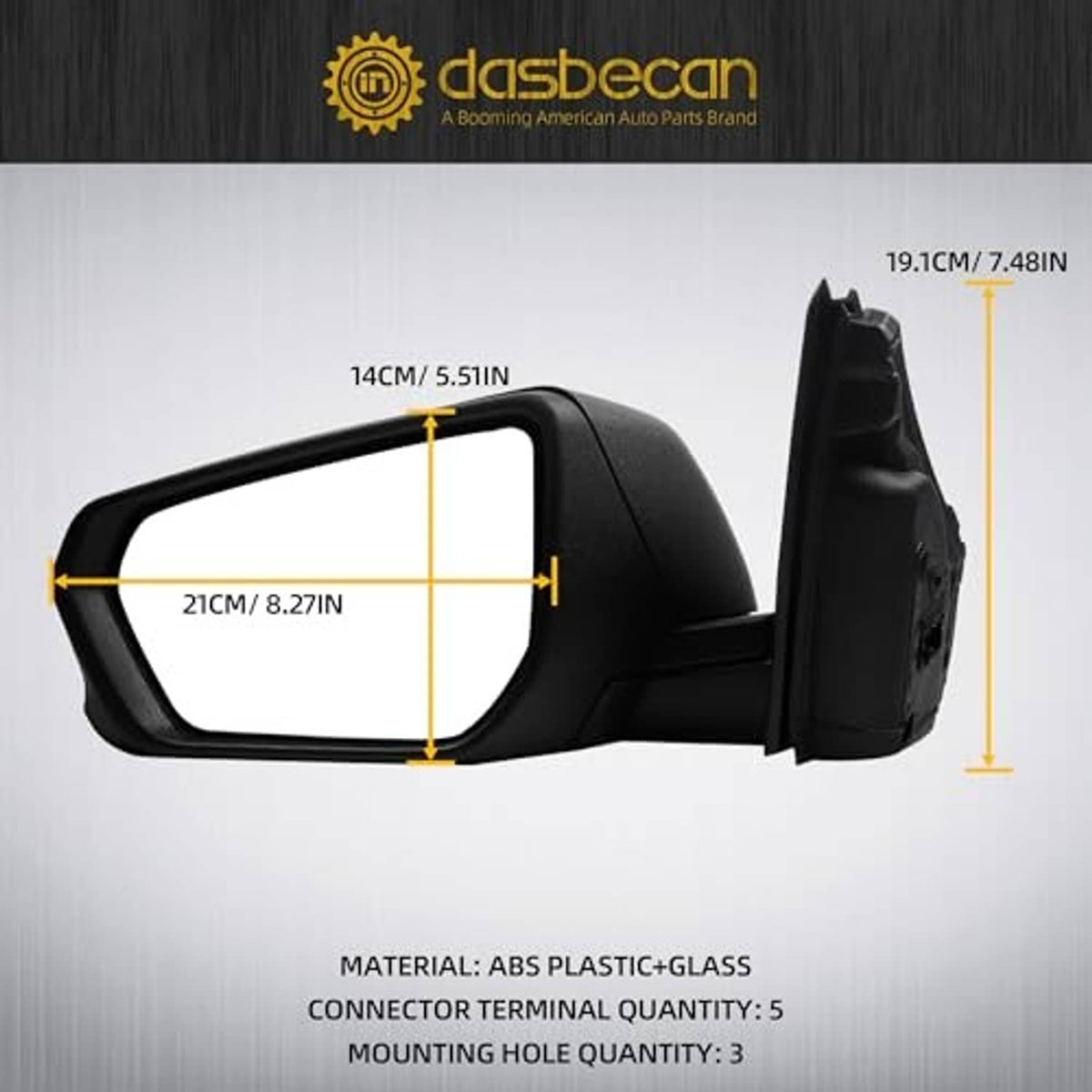 ABS plastic and glass driver side mirror, black textured housing, 5-pin connection