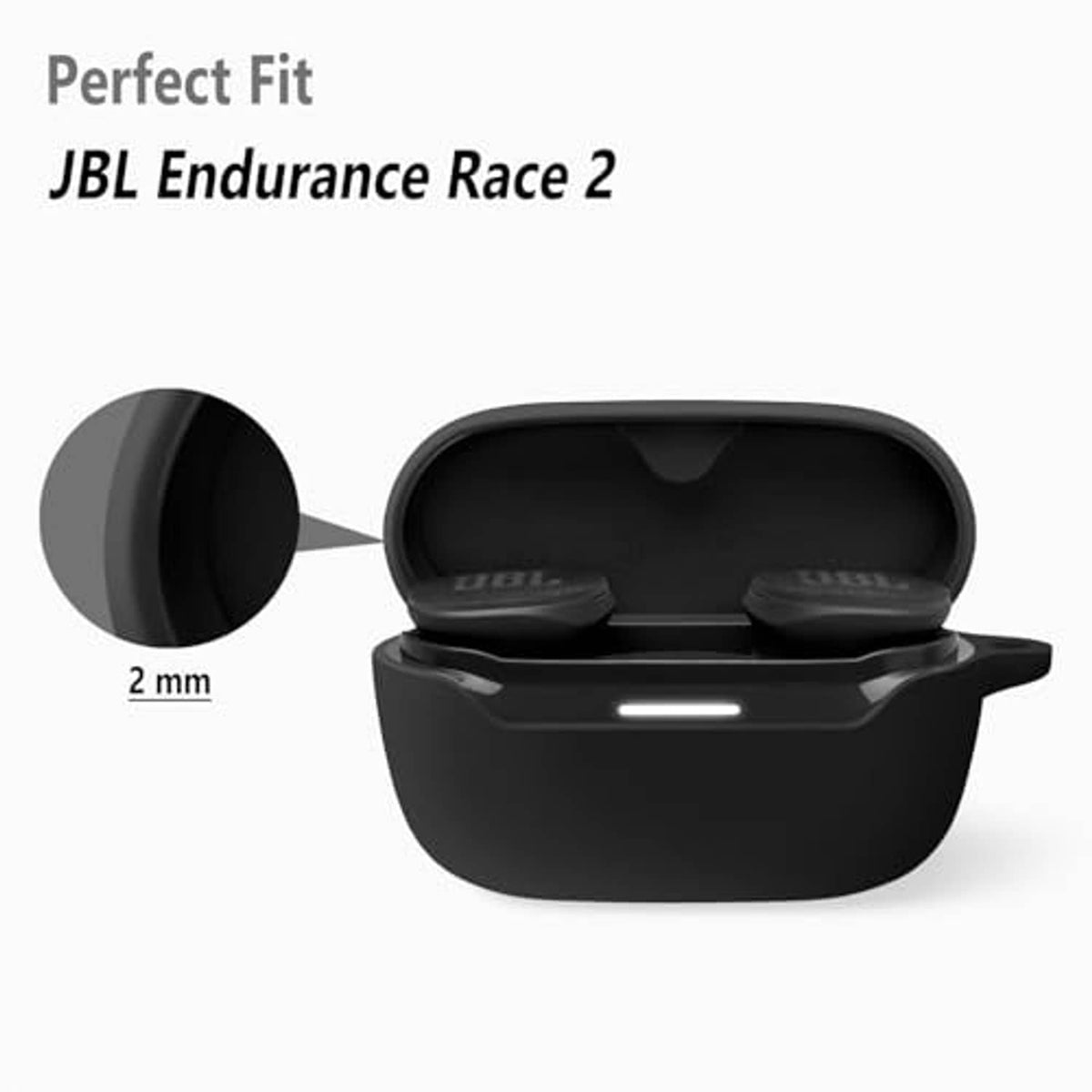 Black silicone earbud case with earbuds inside and open-lid fit