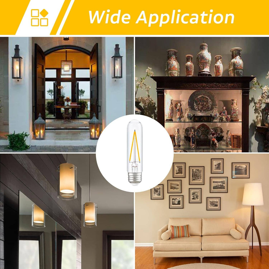 Dimmable LED T30 tube bulb shown in home fixtures, clear glass with visible E26 base
