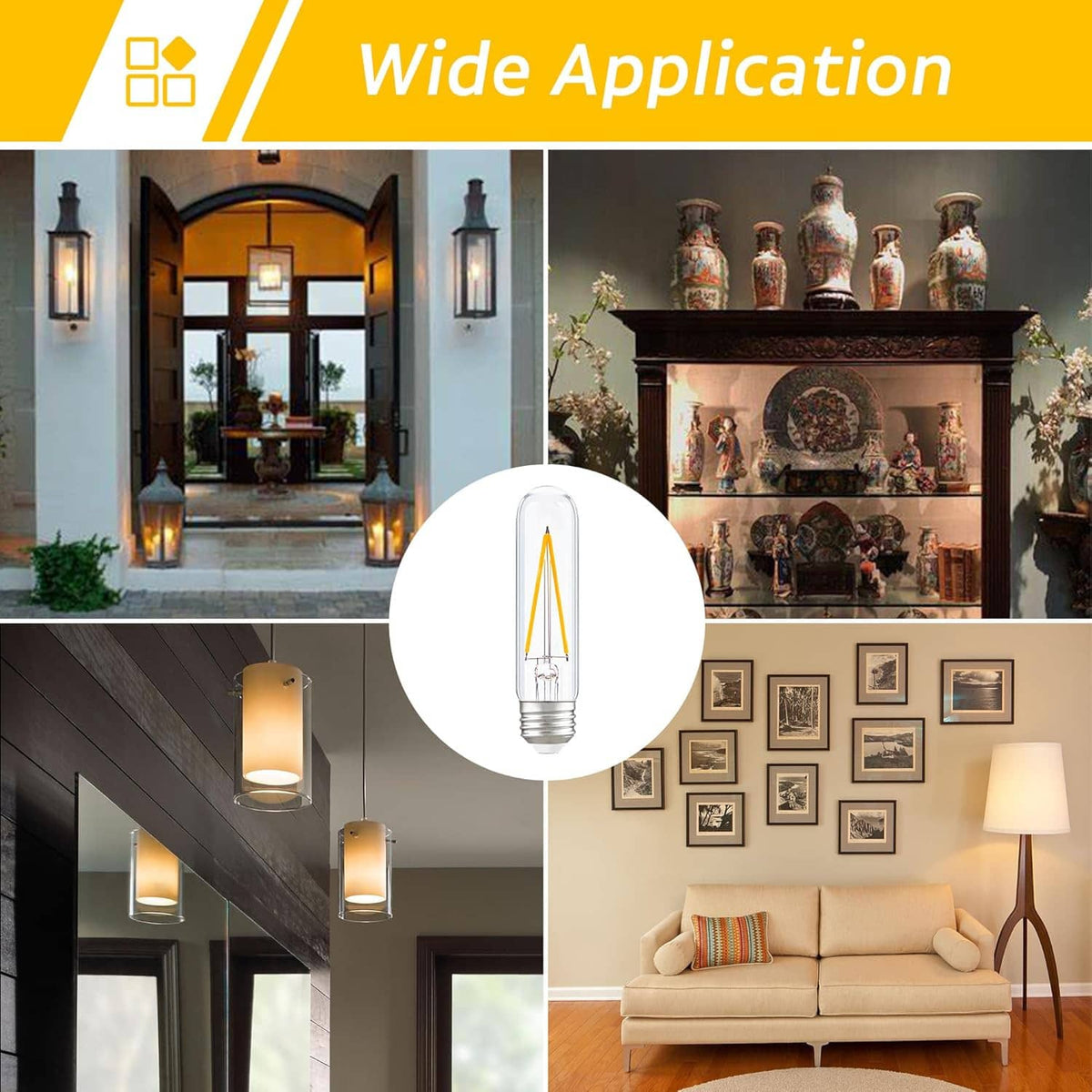 Dimmable LED T30 tube bulb shown in home fixtures, clear glass with visible E26 base