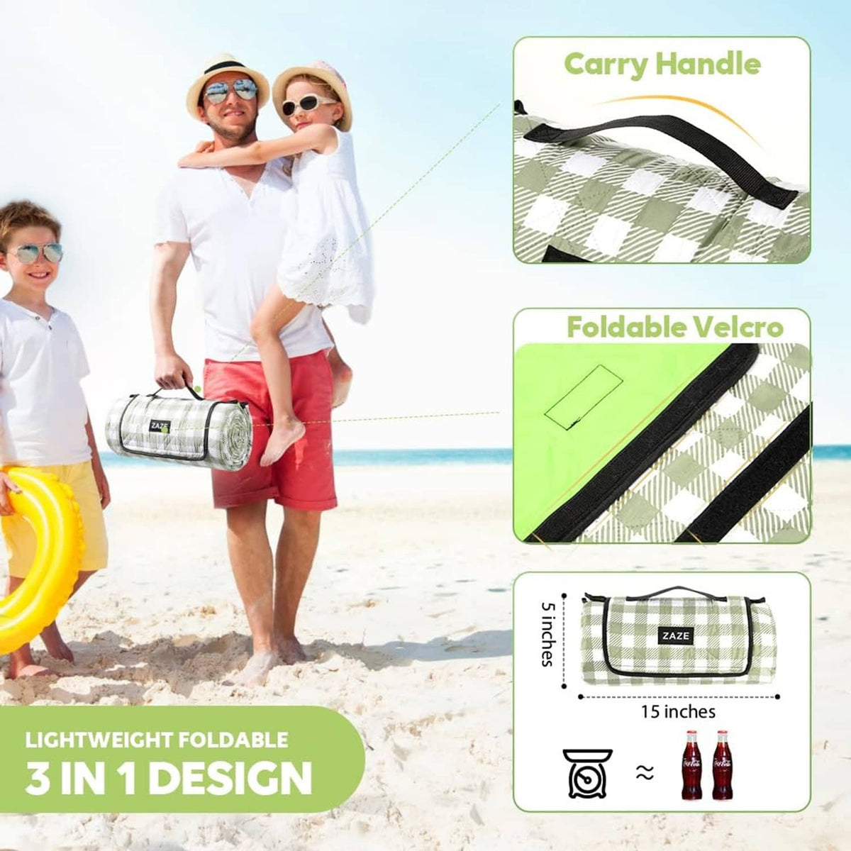 Folded green and white check picnic blanket with carry handle and Velcro straps.