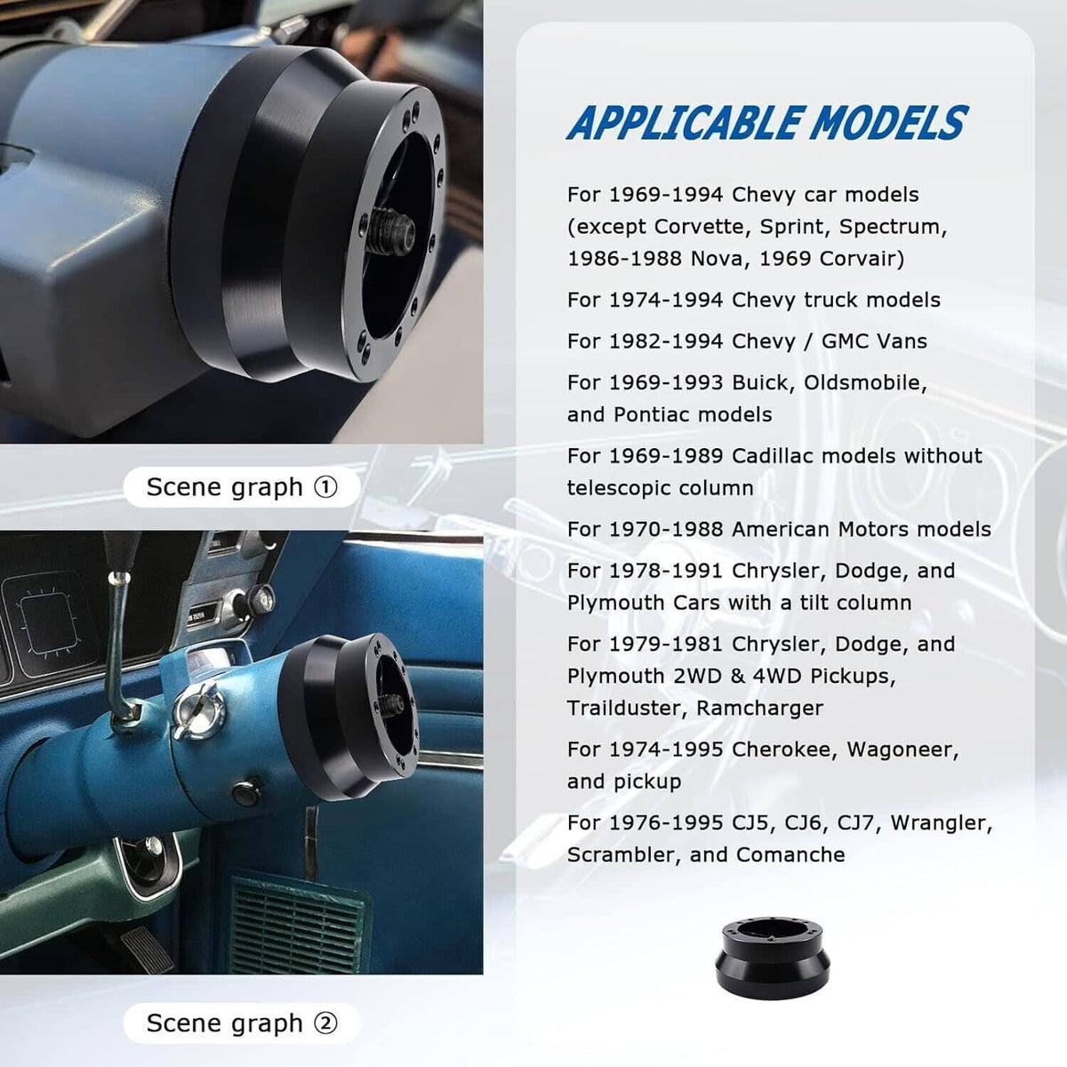 Black steering wheel hub adapter installed on steering column with visible bolt holes