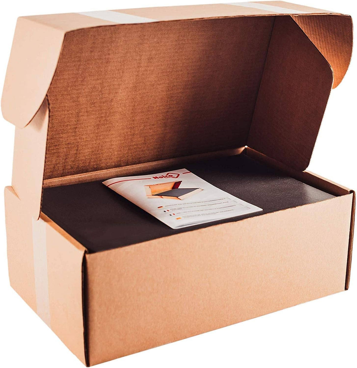 Open cardboard box with dark gray sound insulation liner sheets inside